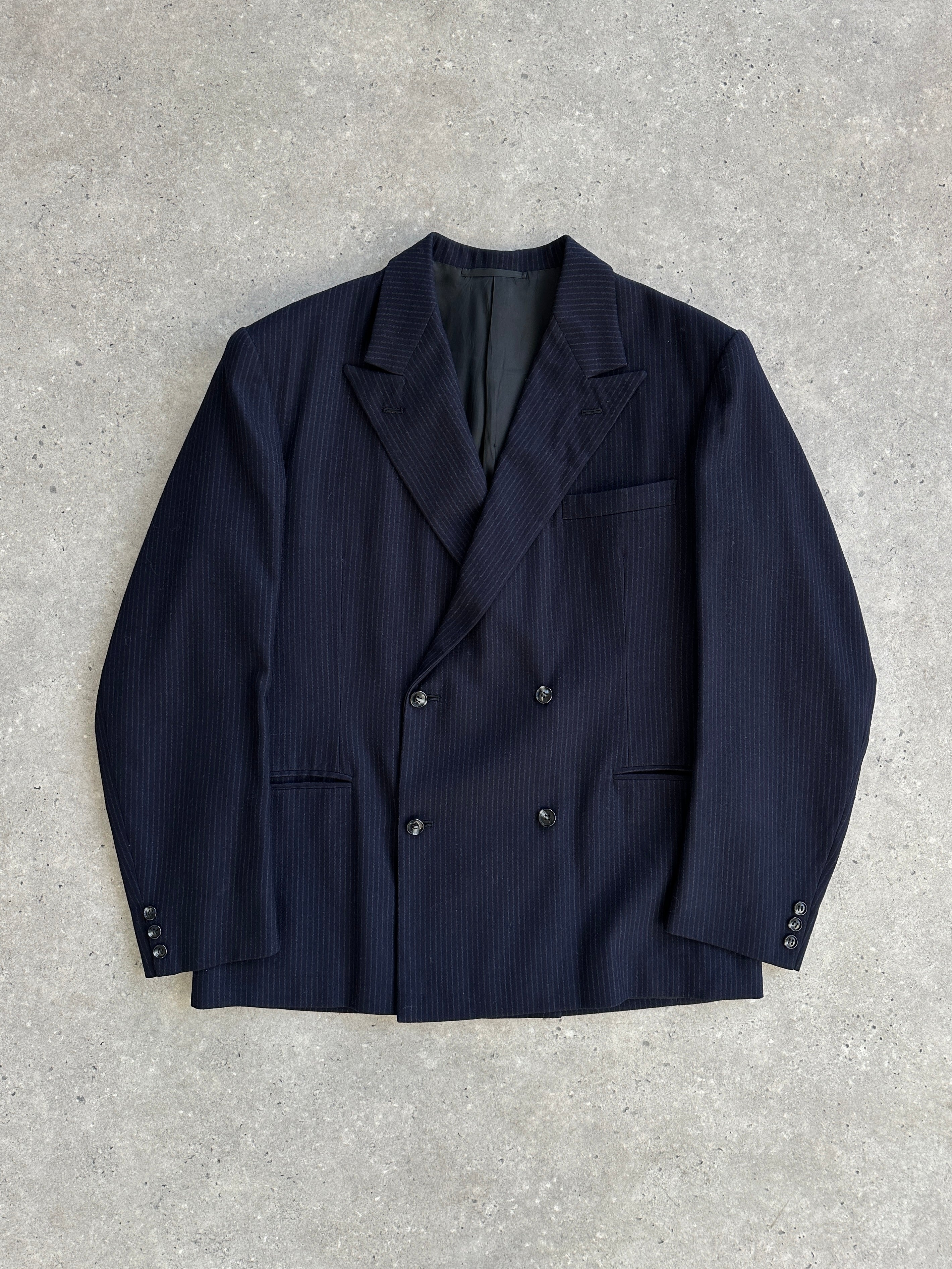 Vintage brushed wool stripe blazer in double-breasted style, size 44R/XL, with a boxy fit and classic design.