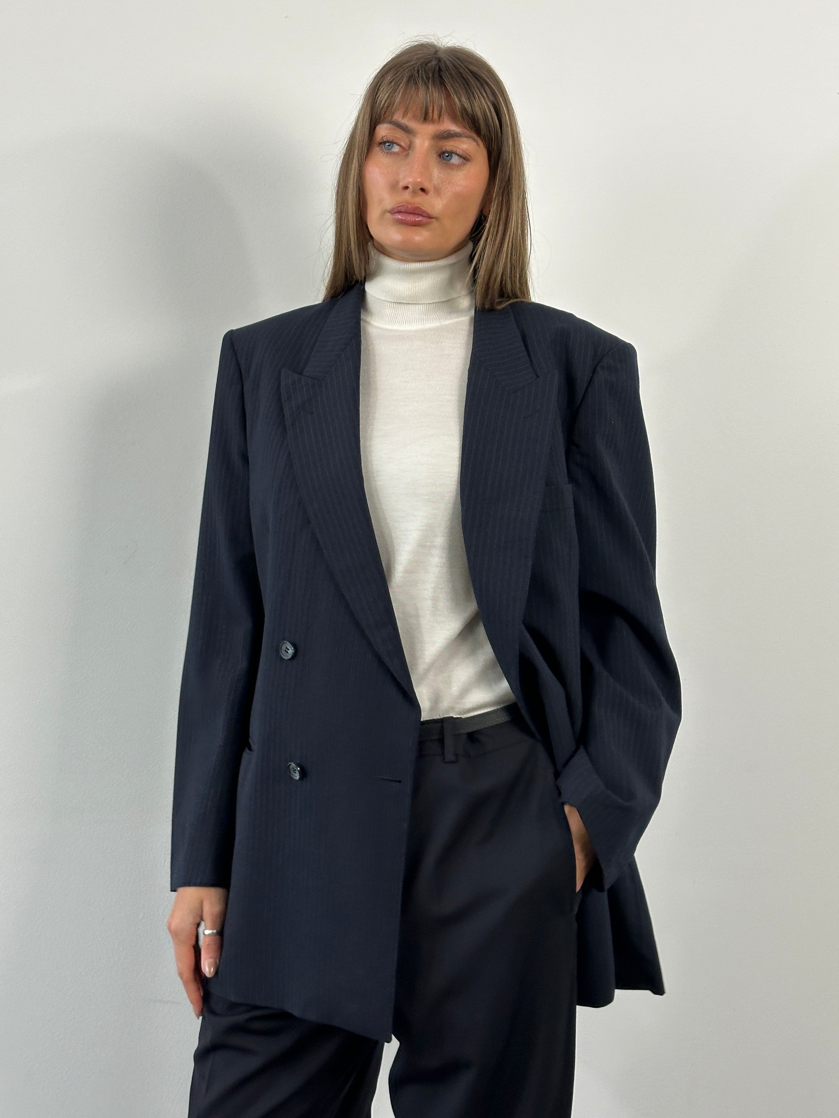 Yves Saint Laurent men's 1990s pure wool double-breasted blazer, size 42R/XL, in classic tailored style with notch lapels.