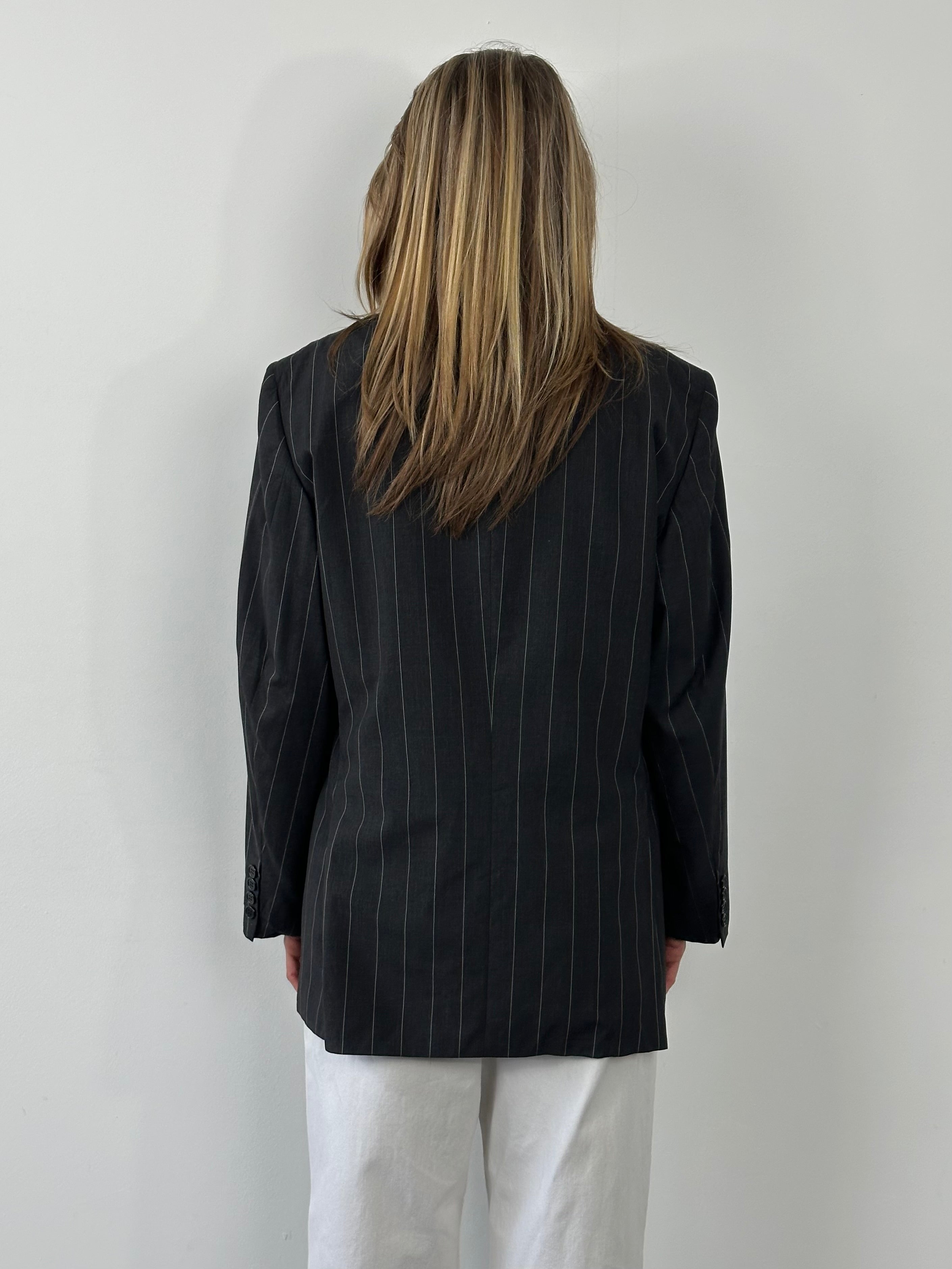 Burberry 1990s pure wool double-breasted stripe blazer in XL, featuring classic tailored design and signature pattern.