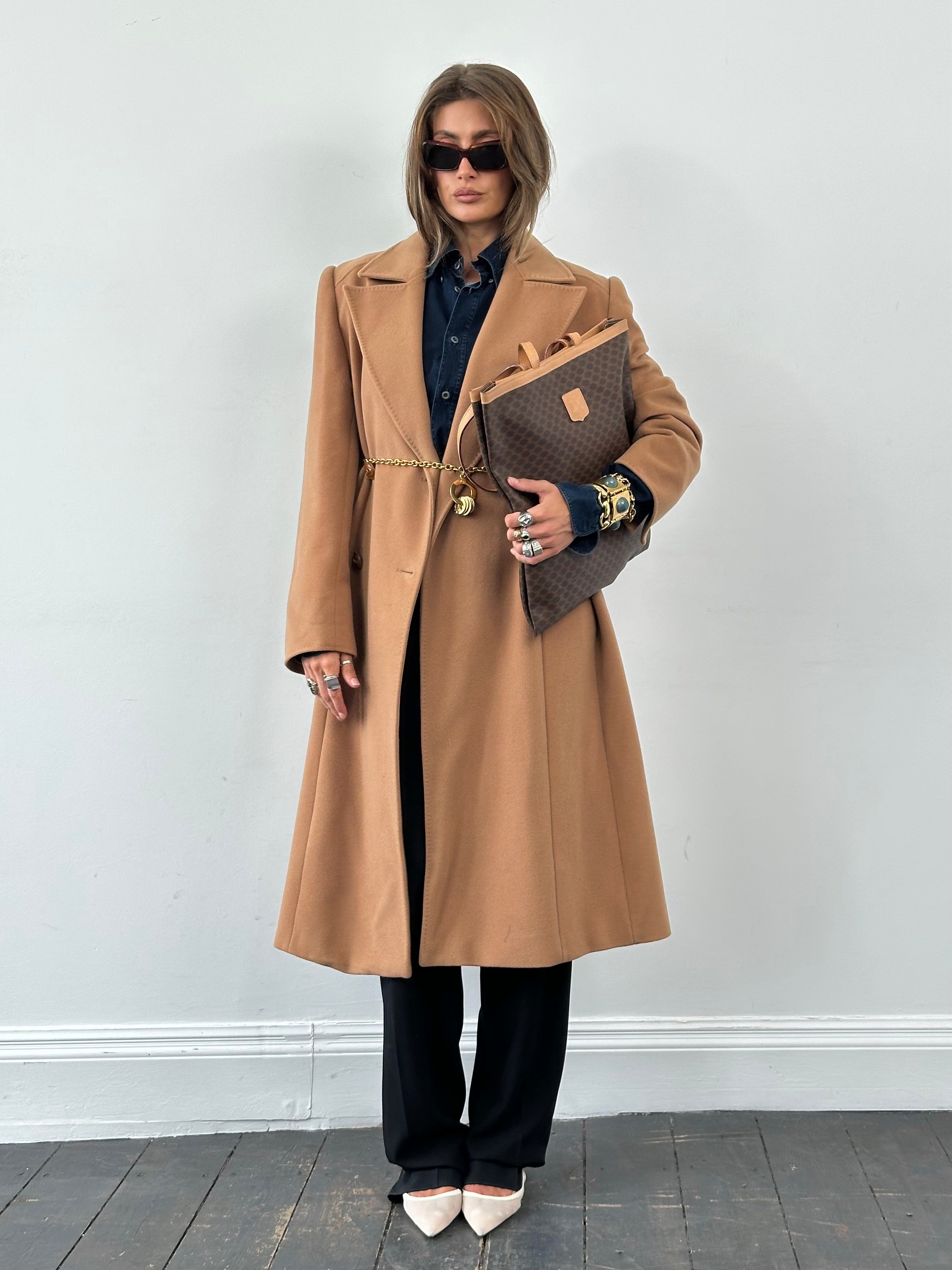 Valentino 1990s pure wool double-breasted belted coat with buttons, classic tailored design, in size large.