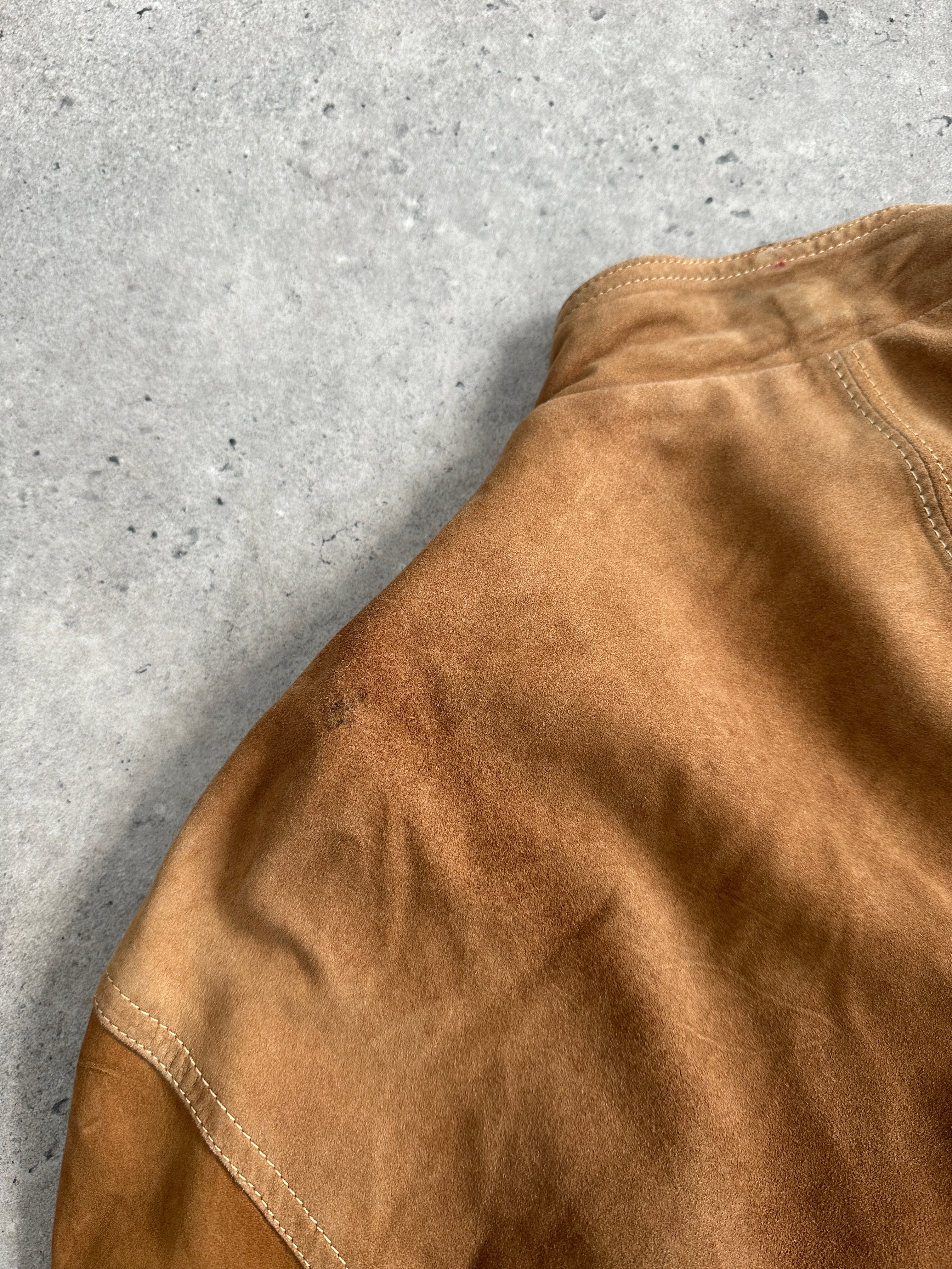 Vintage high neck suede bomber jacket in medium size, featuring classic style and soft leather texture.