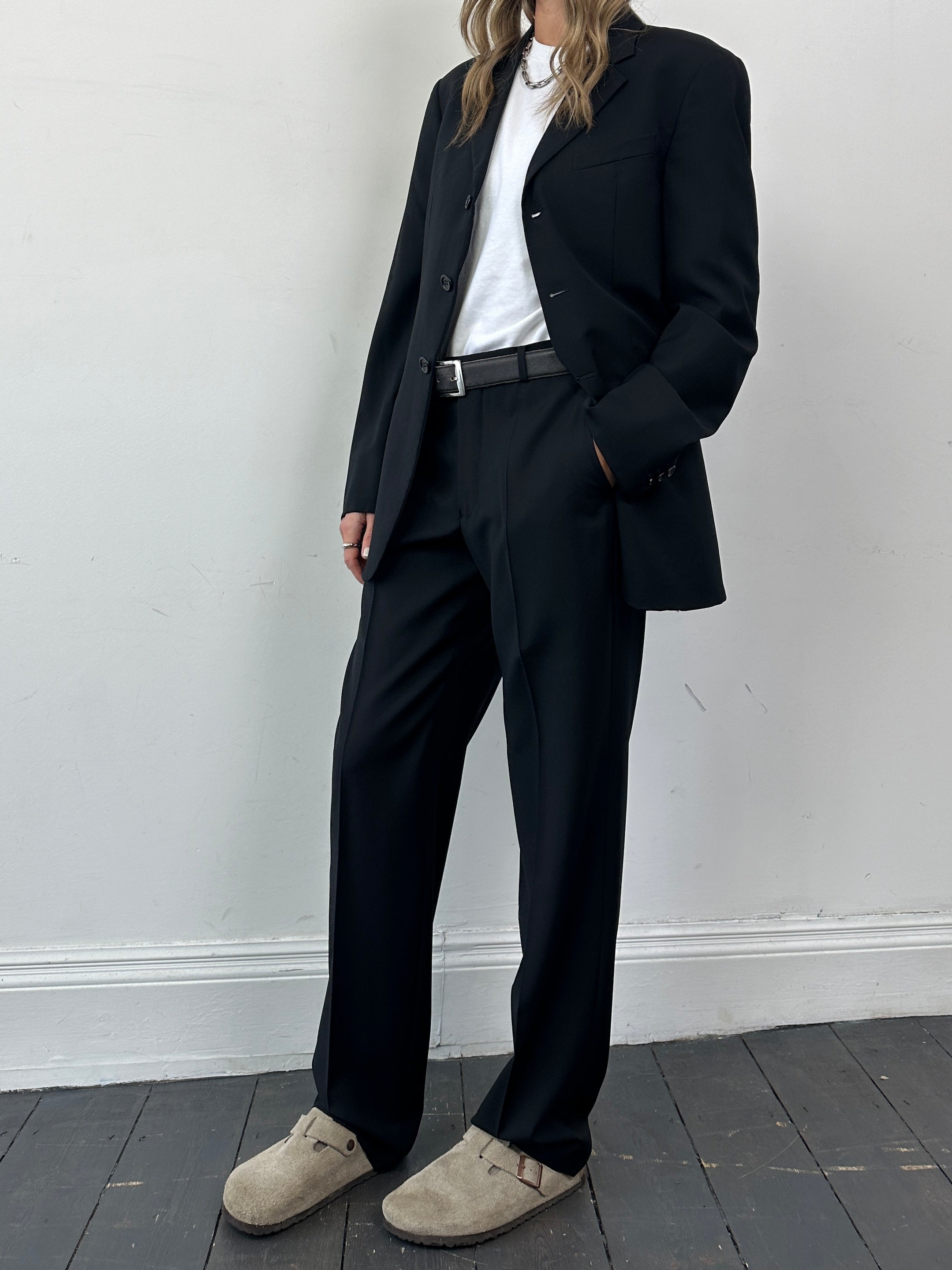 Armani Collezioni beige pure wool jumpsuit with single-breasted design, size 38R/W30, featuring tailored fit and classic style.