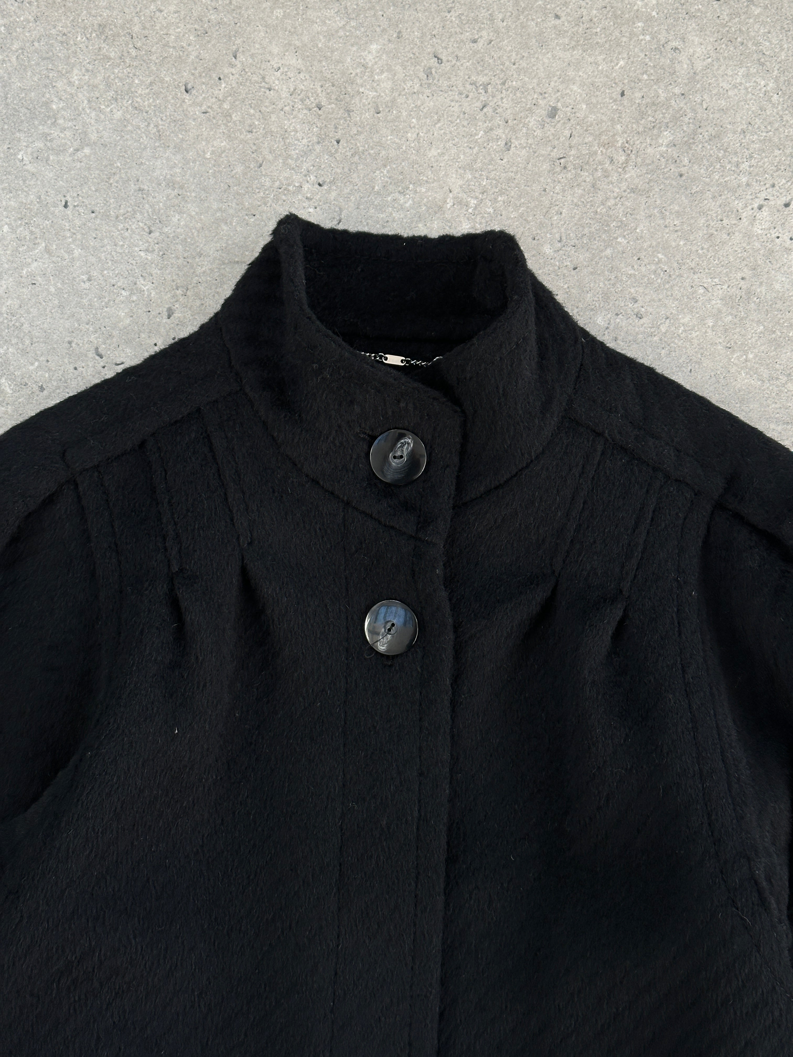 Vintage wool and mohair high-neck coat with concealed placket, size M, showcasing a classic, textured fabric and tailored fit.