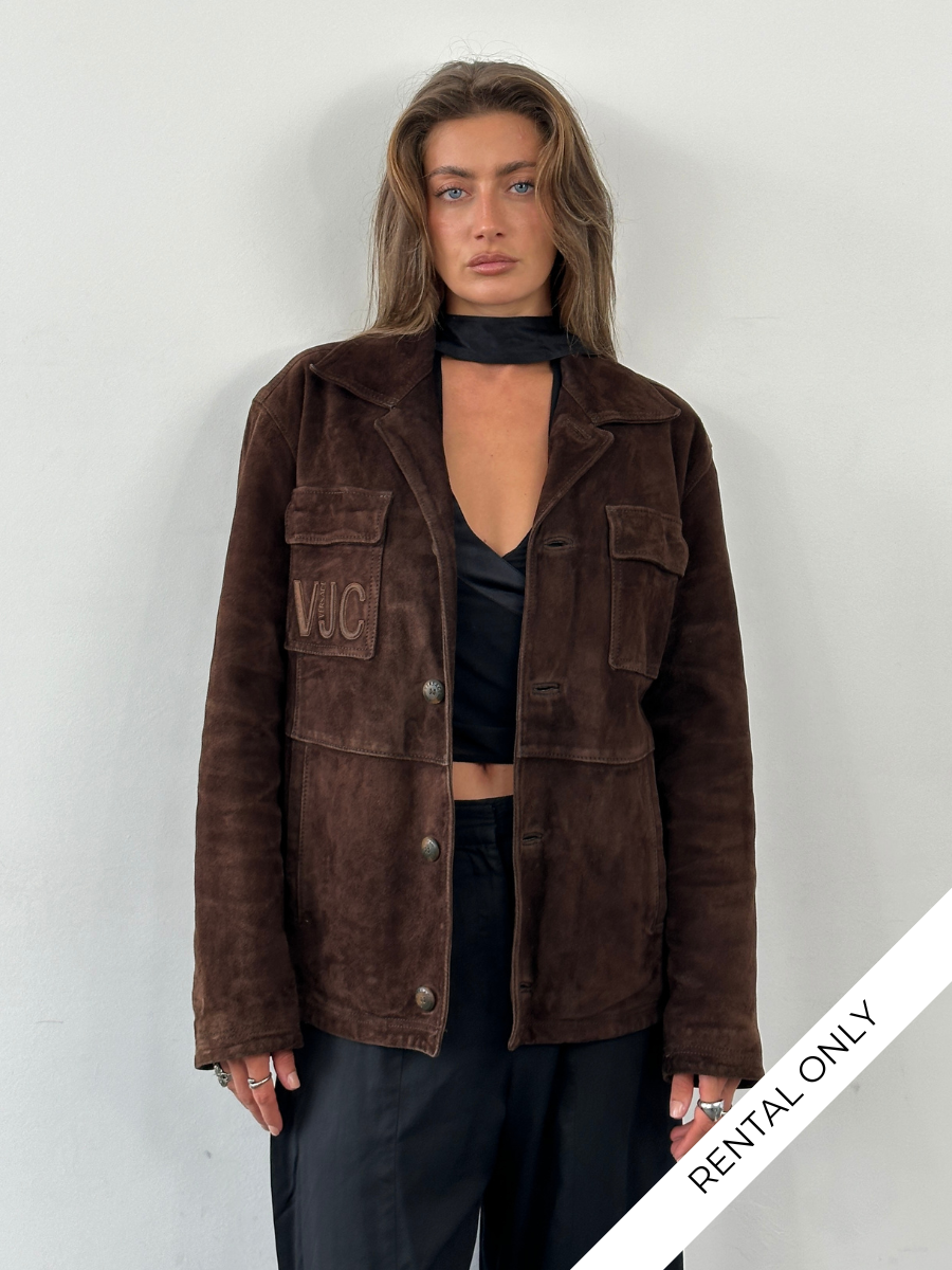 Versace Jeans Couture 1990s suede logo jacket in size L, featuring classic design and brand logo on the front.
