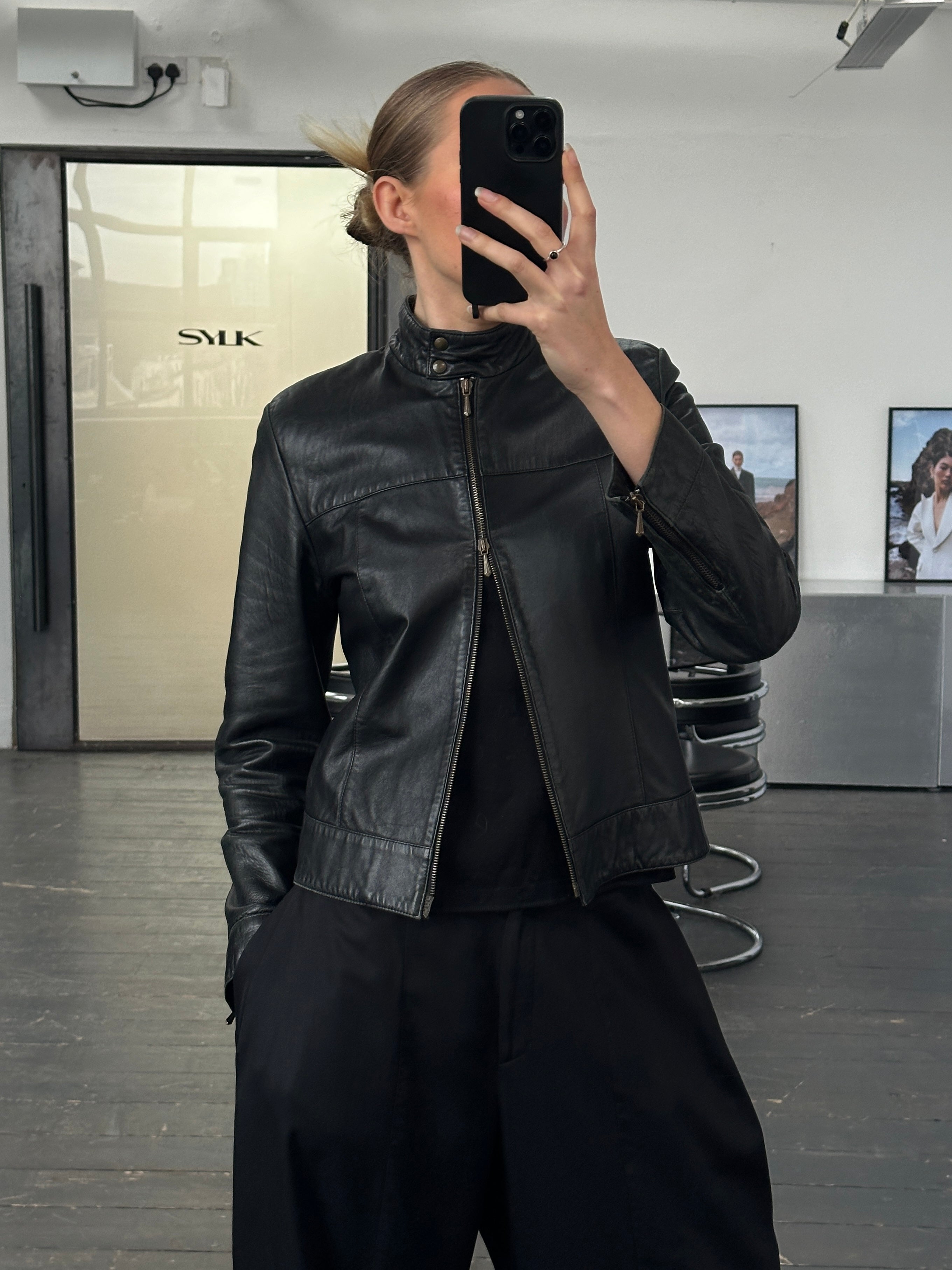 St Michael 1990s double zip moto leather jacket in XS/S, black with silver hardware, featuring classic style and zip details.