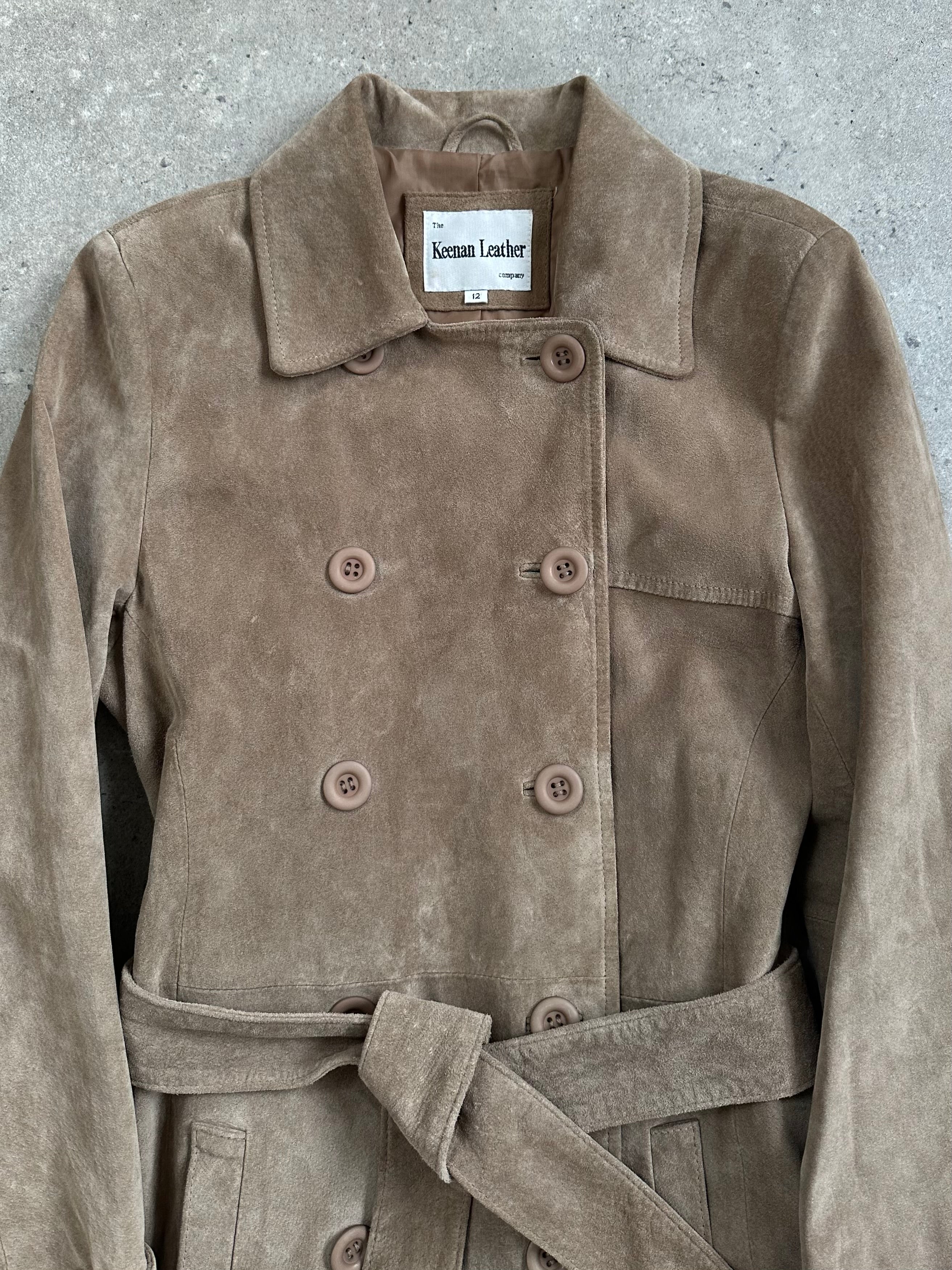 Vintage 1990s suede double-breasted belted trench coat in size small, featuring classic lapels and a stylish retro design.