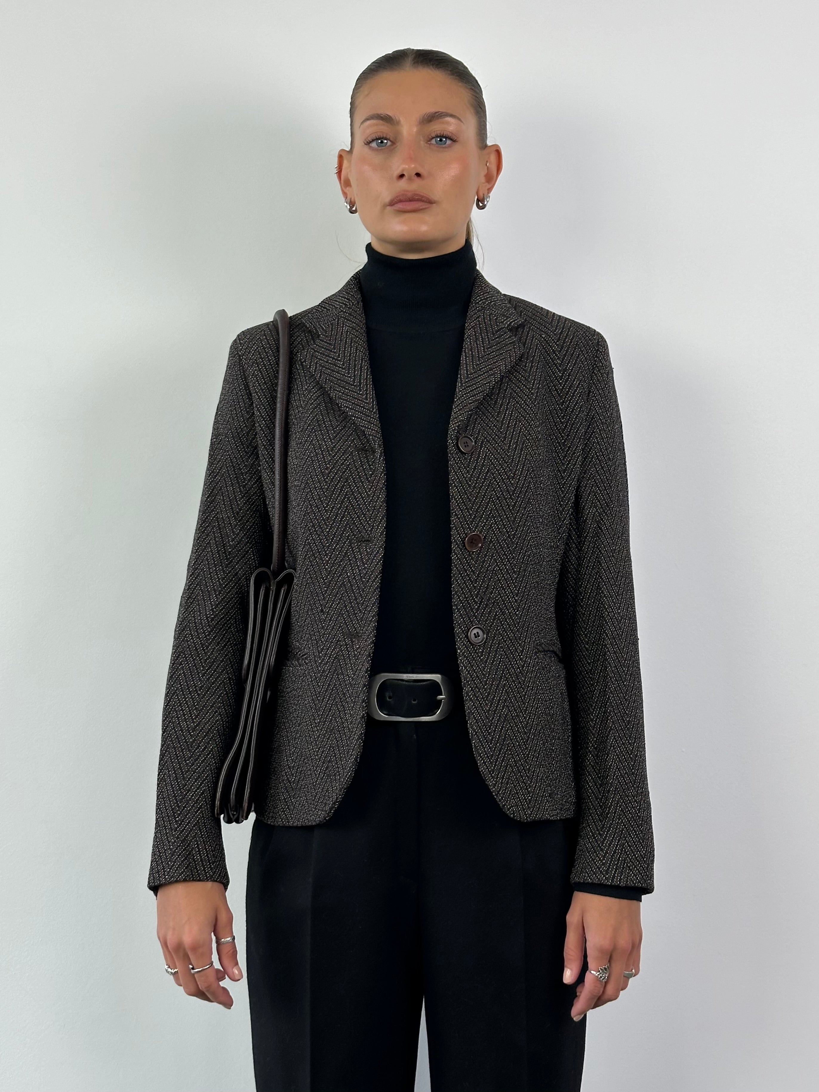 Max Mara pure wool woven fitted blazer in size S, shown in a classic tailored design with notch lapels and structured fit.