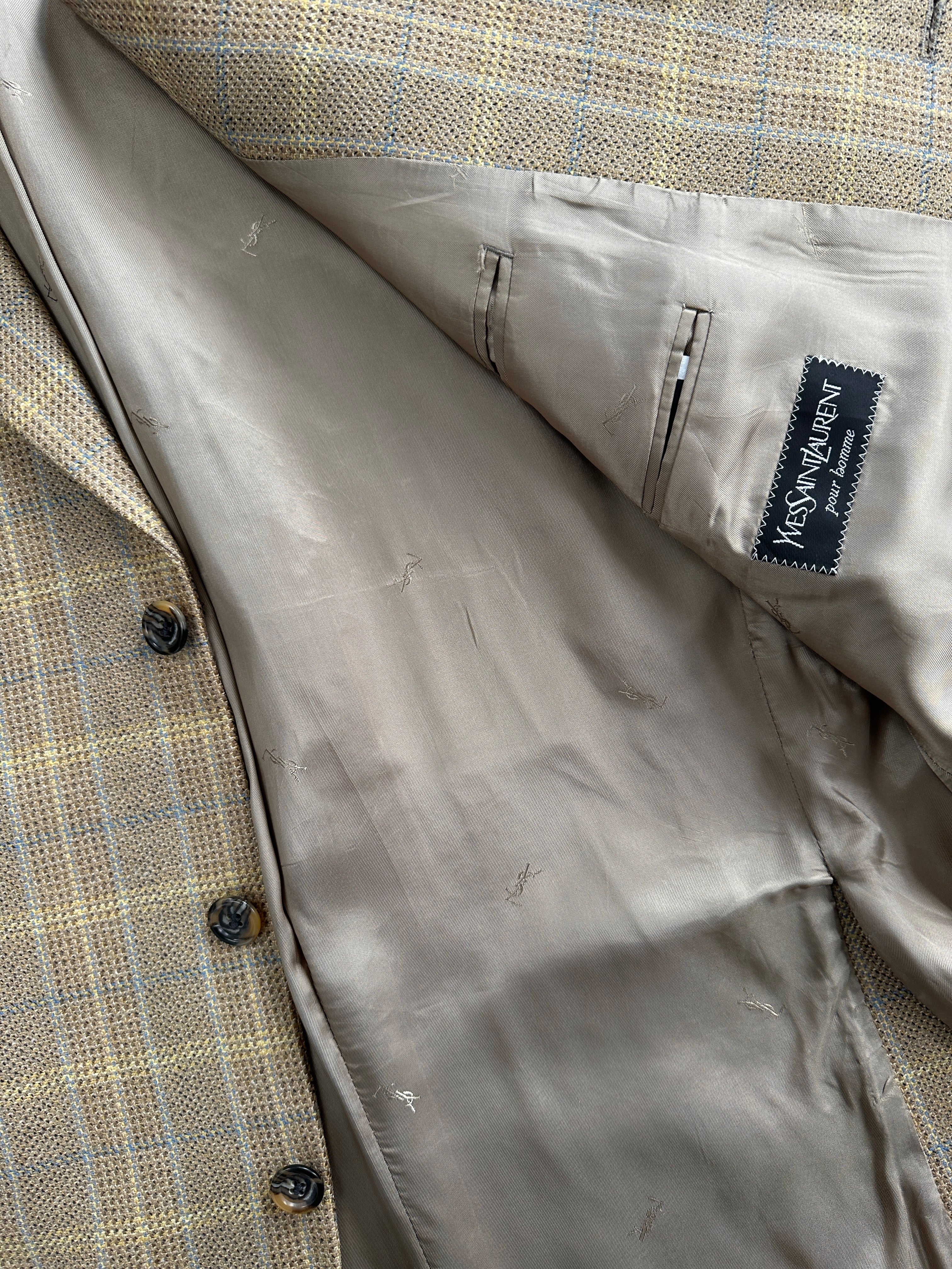 Yves Saint Laurent Pour Homme XXL wool check blazer, tailored fit, classic pattern, dark tones, front button closure, and notched lapels.