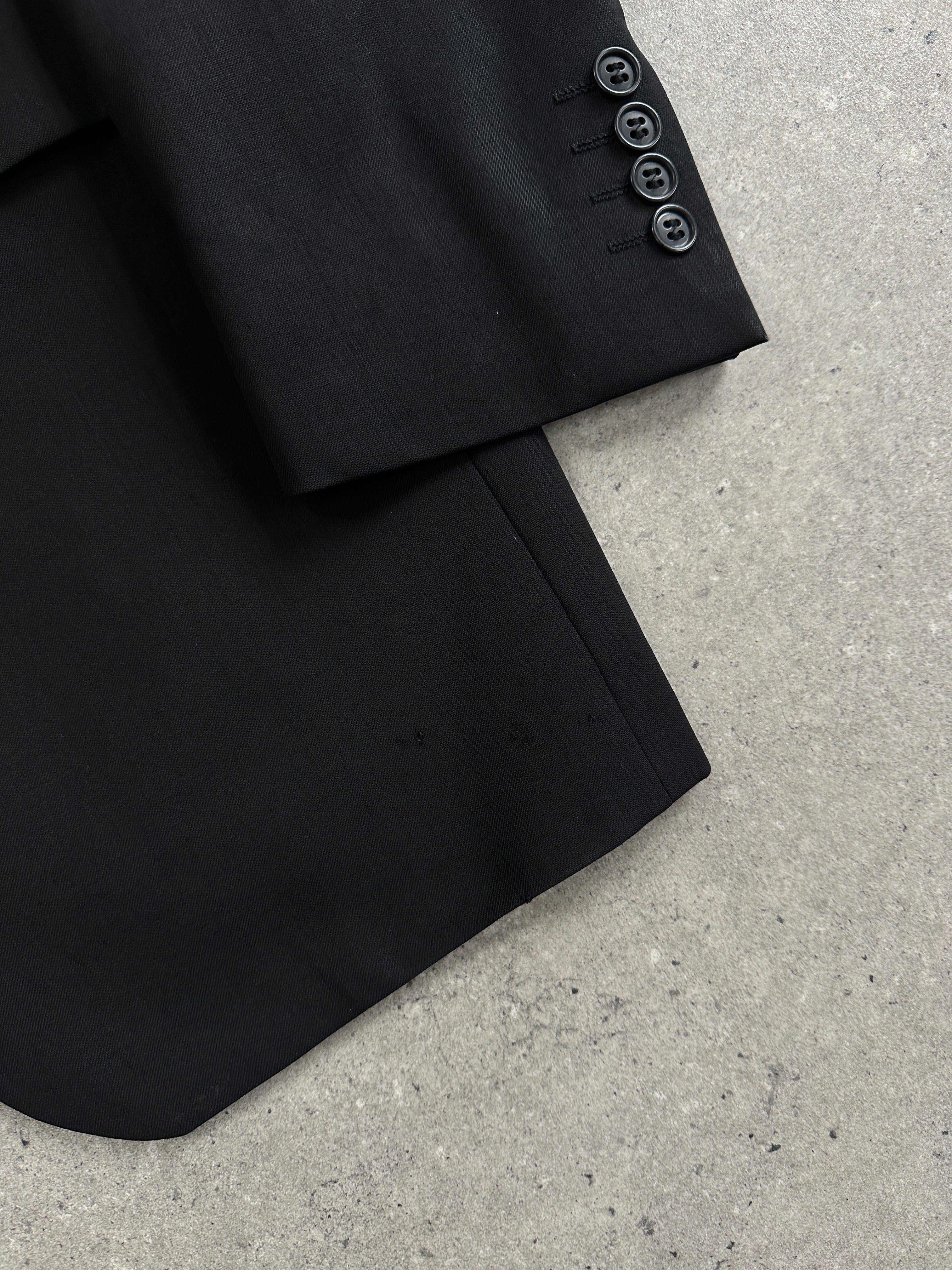Yves Saint Laurent Pour Homme 1990s pure wool single-breasted blazer in size 40L/XL, displayed on a hanger showing classic style.