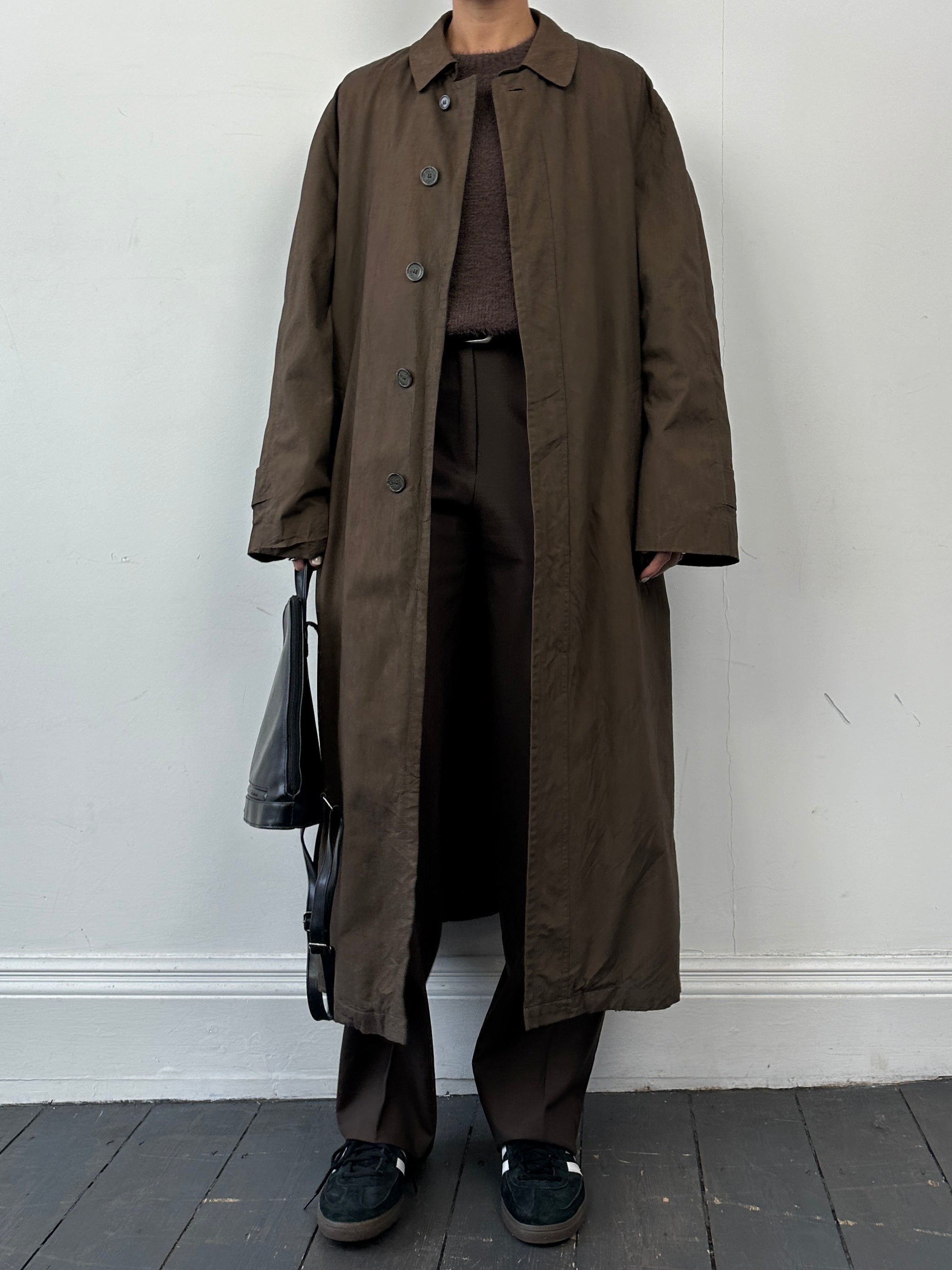Chaps cotton floor-length belted trench coat in XL, shown hanging with classic collar and button details.