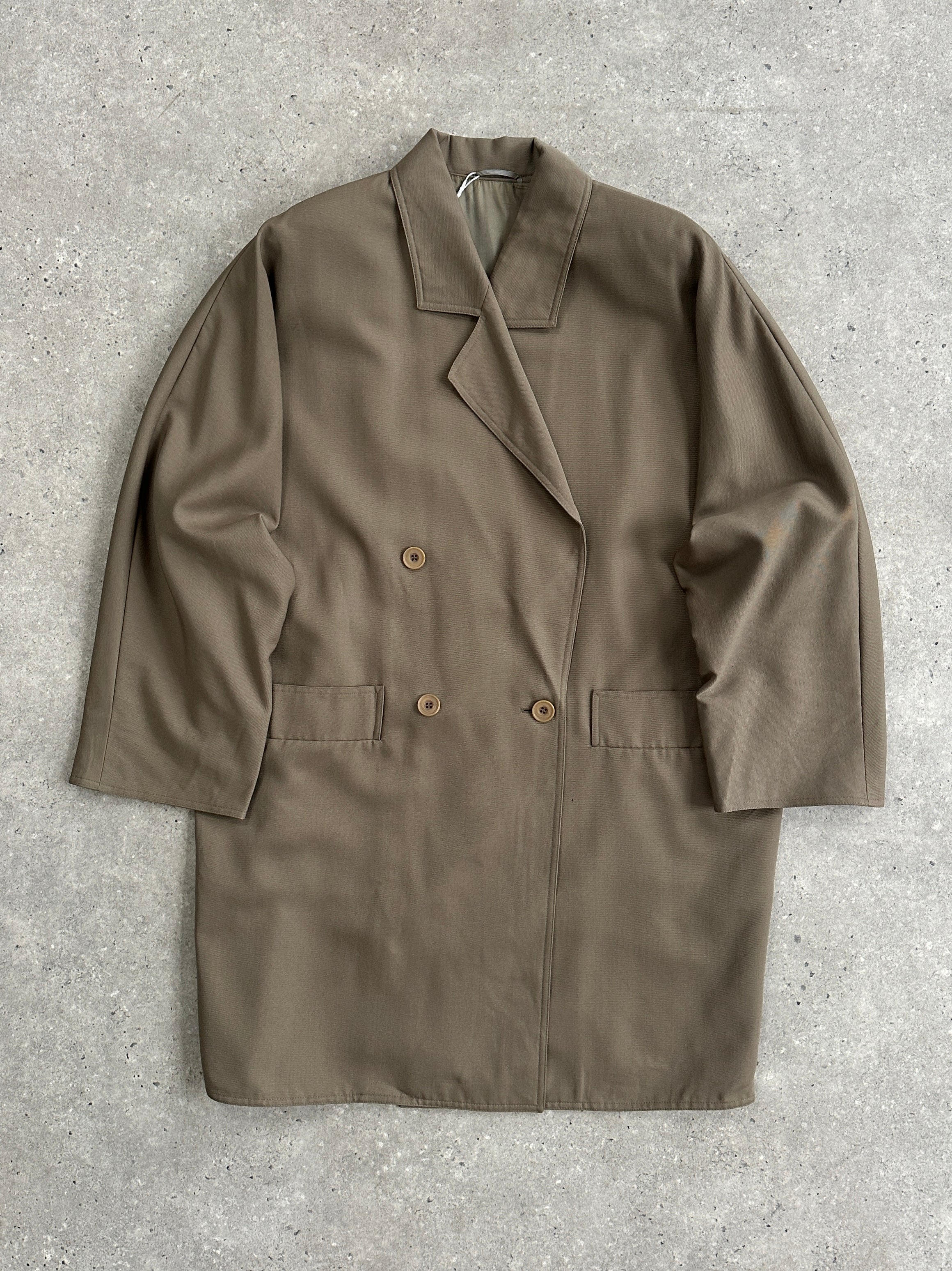 Marella Pure Wool Double Breasted Trench Coat in size L/XL, beige color, featuring classic collar and button details.