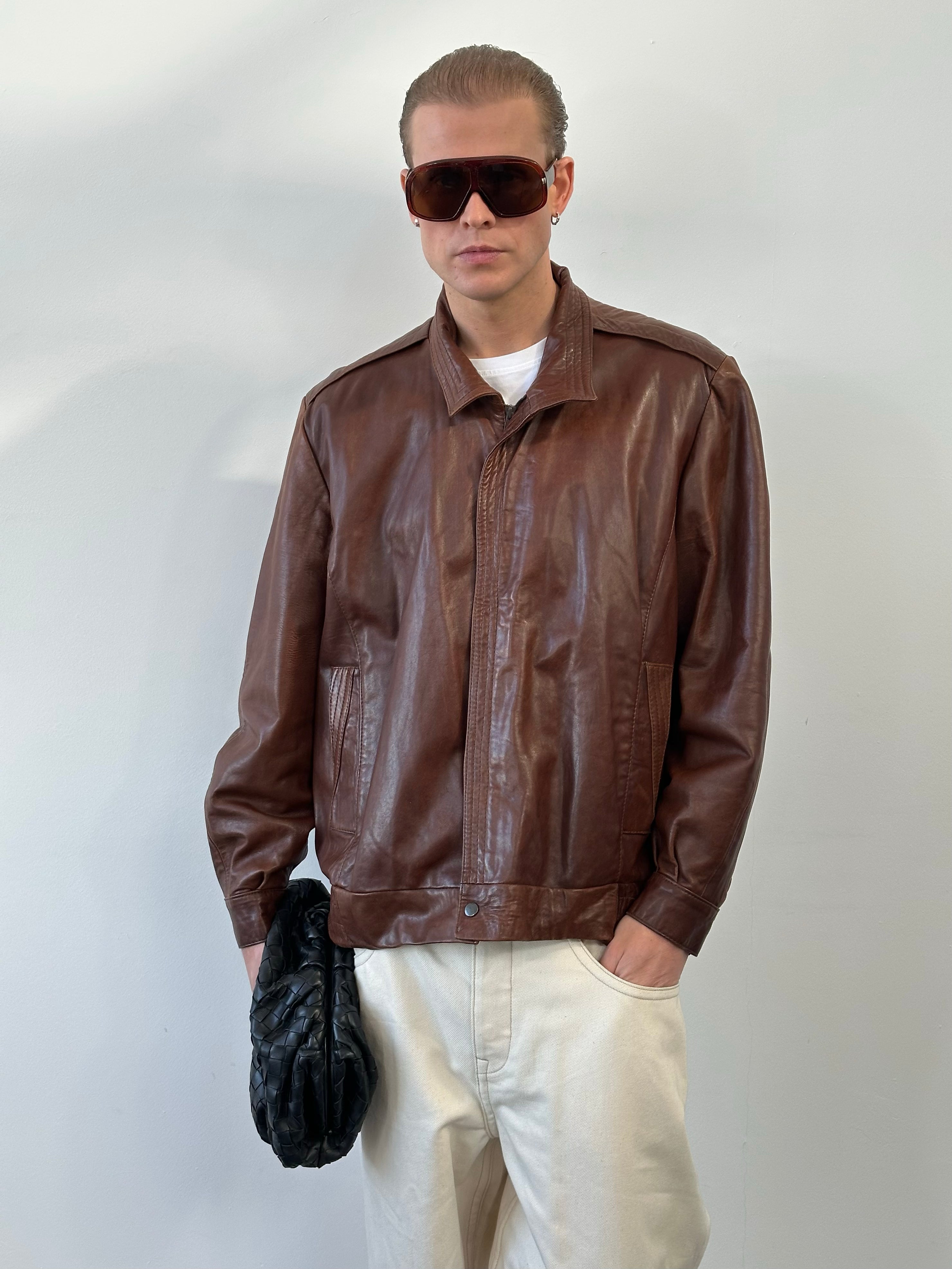 British Vintage 1980s High Neck Leather Bomber Jacket - L