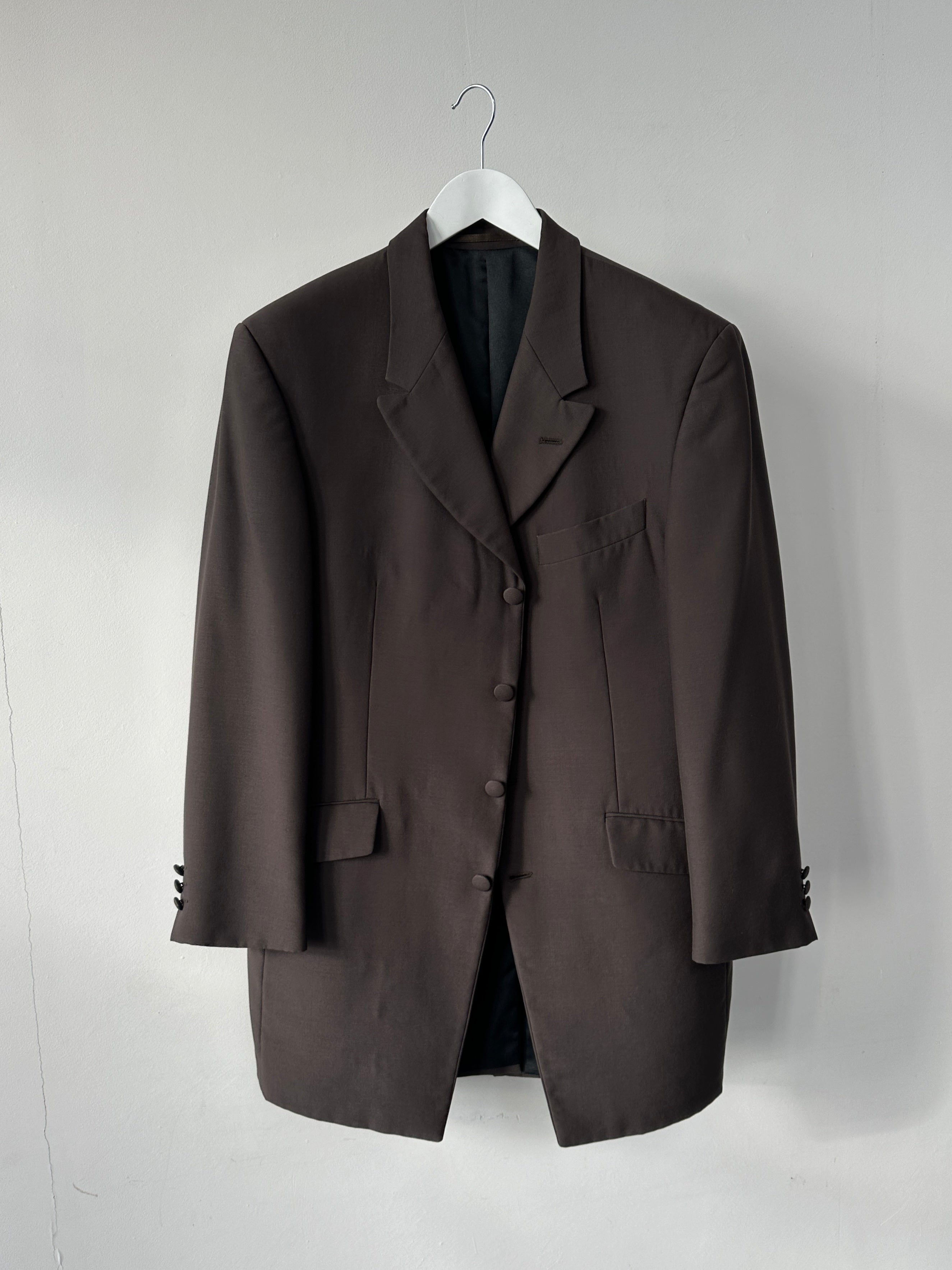 Vintage wool single-breasted longline blazer coat in size 42S/XL, featuring classic tailored design and structured fit.