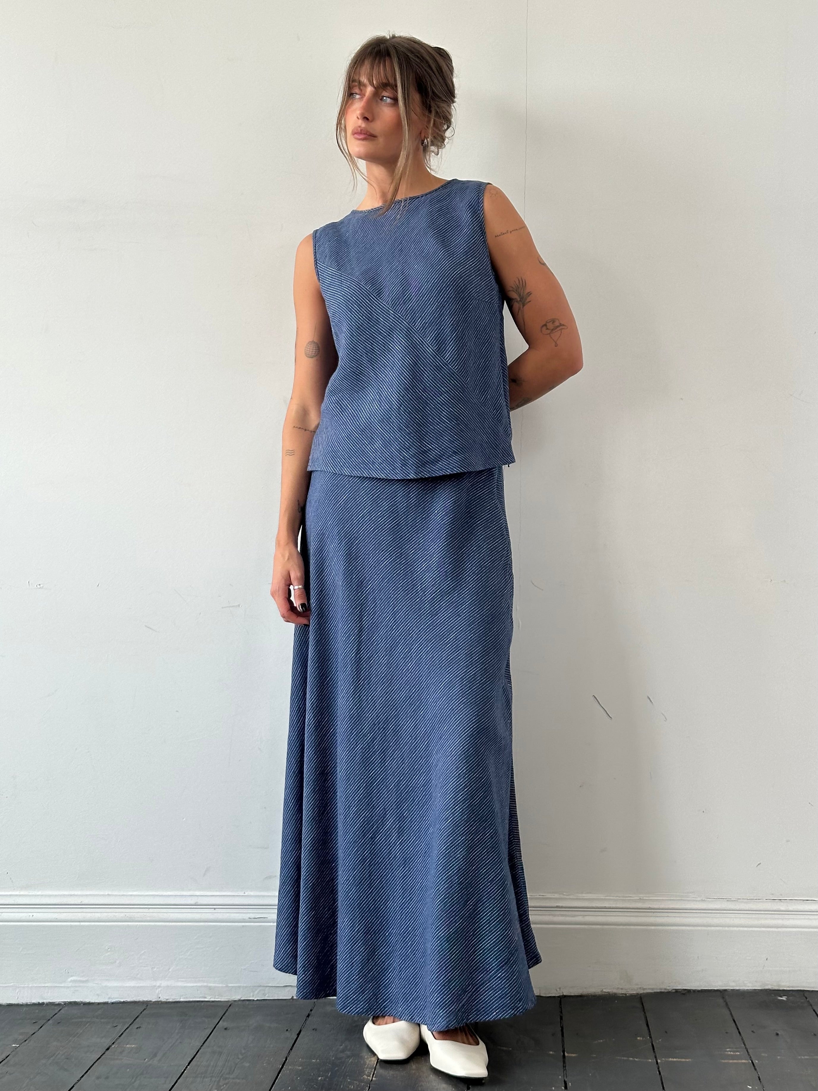 Jaeger pure linen stripe two-piece skirt and top set in natural fabric, featuring a coordinated skirt and sleeveless top design.