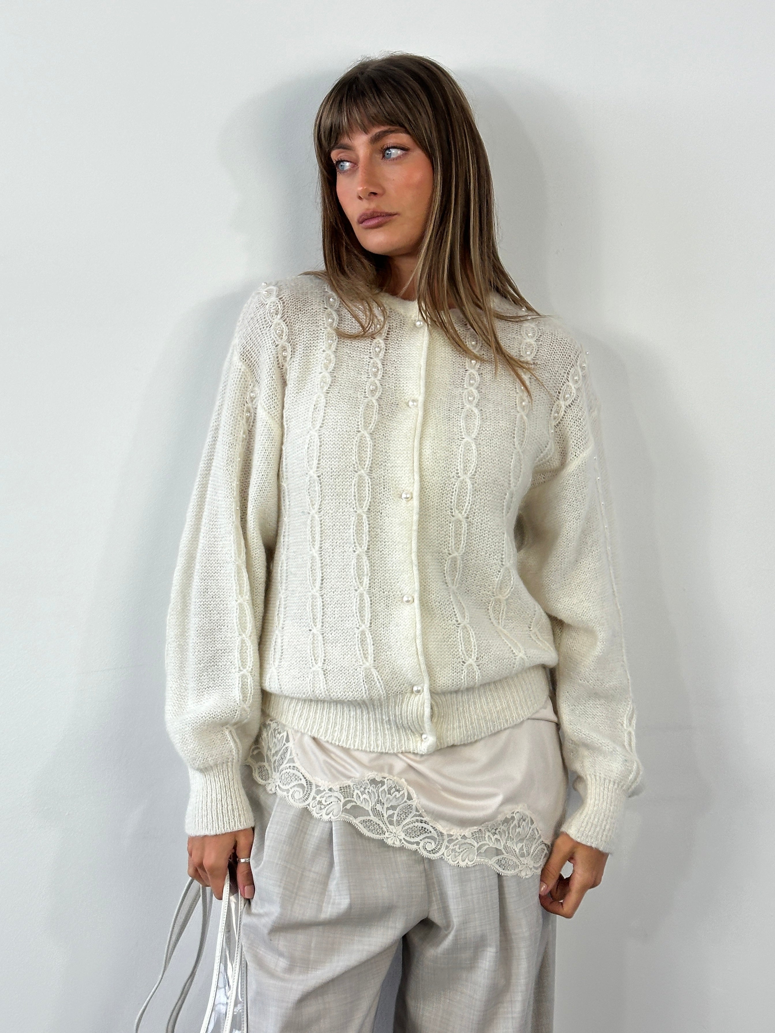 Vintage Italian 1980s mohair knitted cardigan, medium size, with a cozy, textured design and classic retro style.