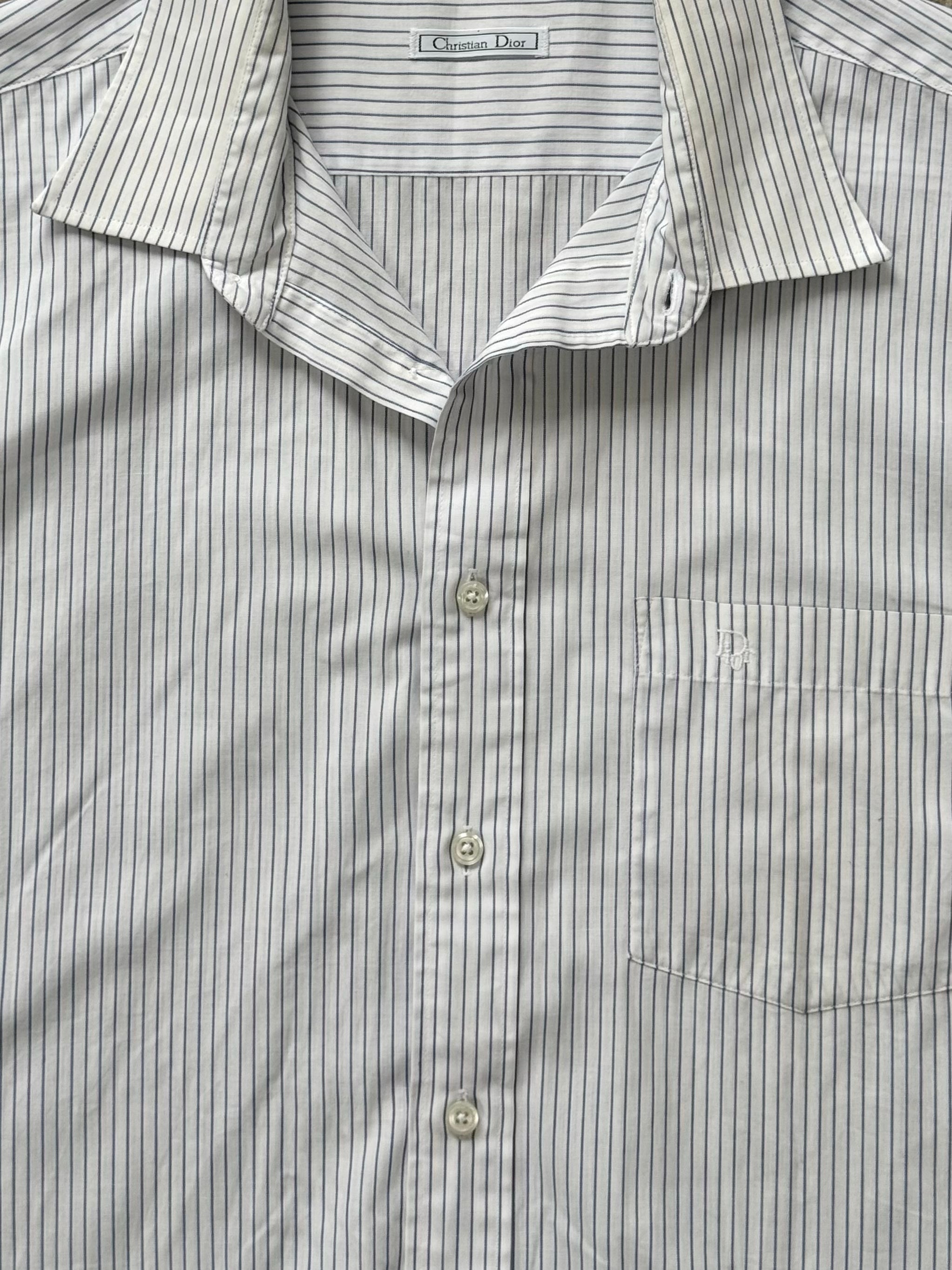 Christian Dior 1990s pure cotton striped short sleeve shirt in XL, featuring classic blue and white horizontal stripes.