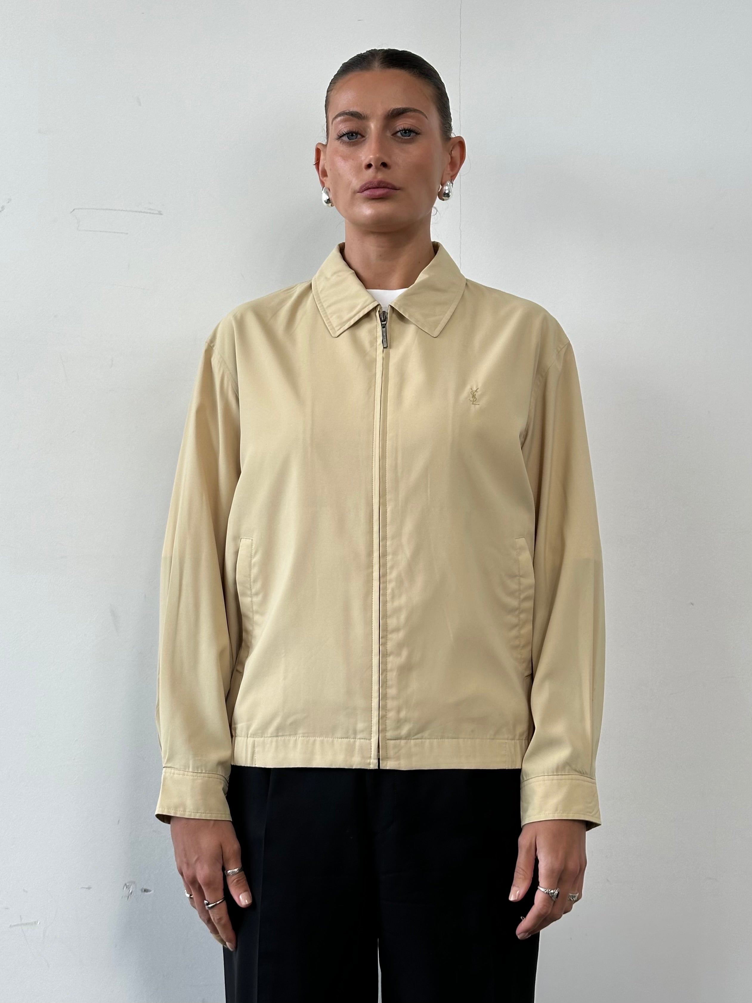 Yves Saint Laurent Pour Homme logo bomber jacket in black, front view showing the YSL branding and stylish design.