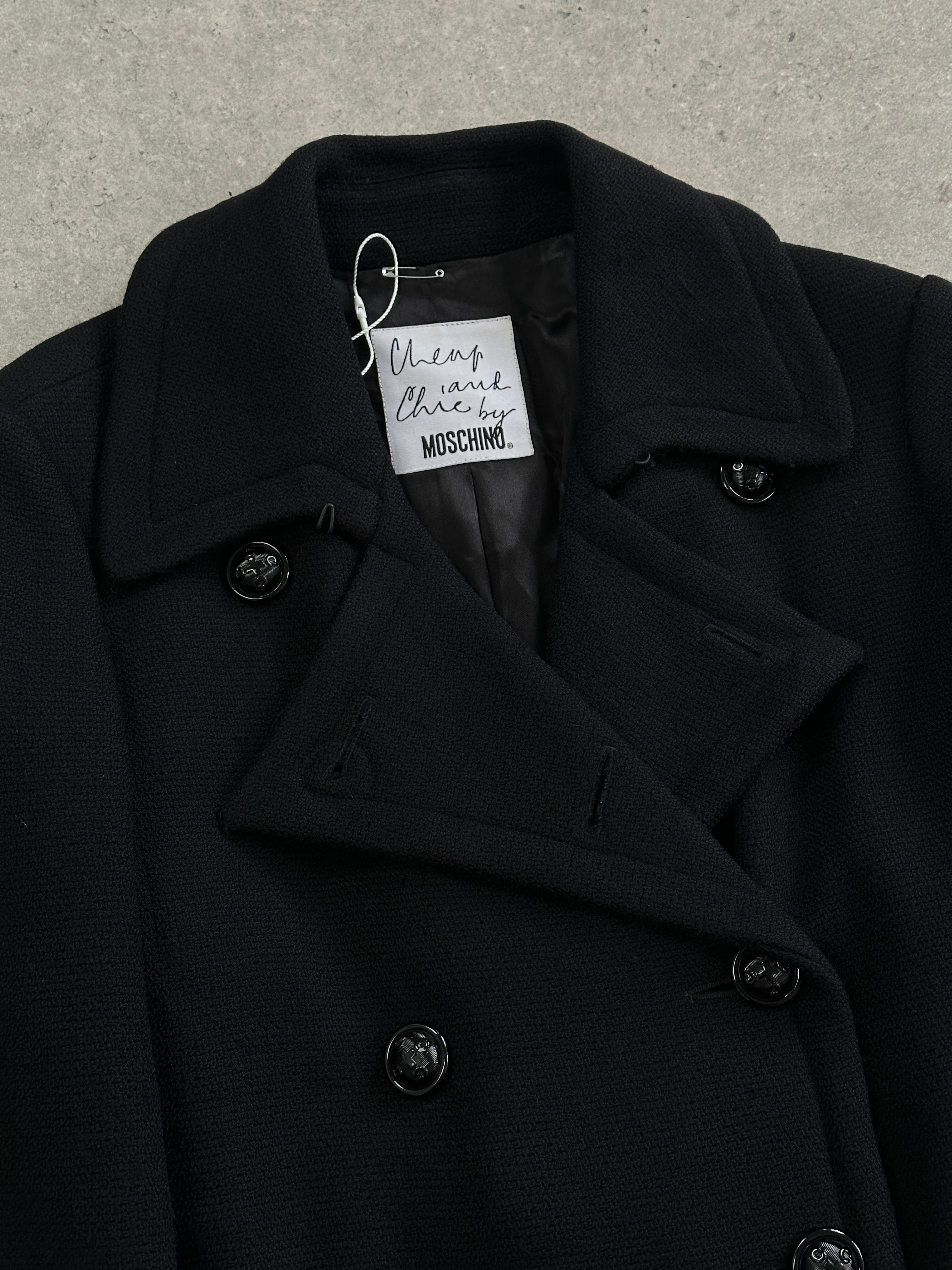 Moschino Cheap & Chic double-breasted coat in size M, stylish women’s coat with classic lapel collar and button details.