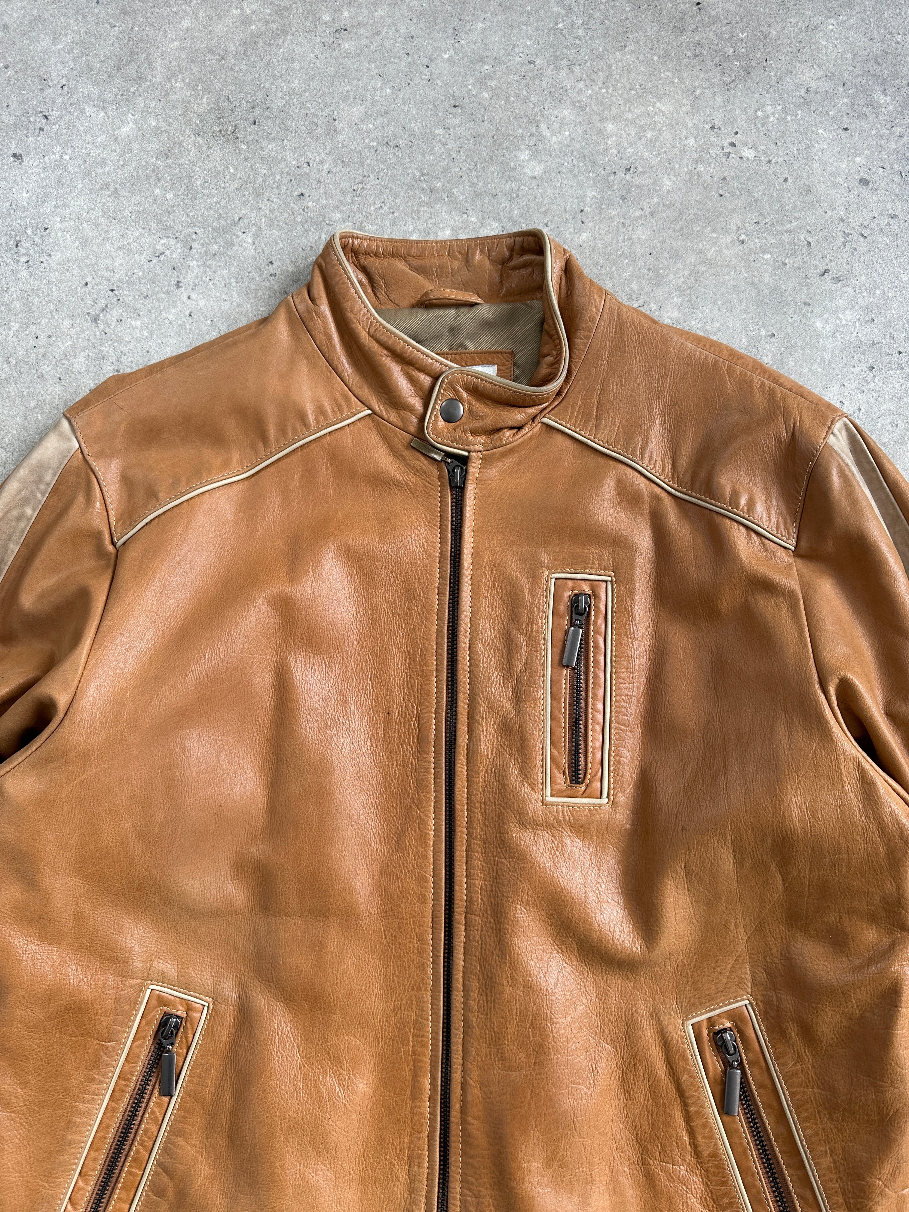 Vintage 1990s Moto Stripe leather jacket in size large, featuring classic design and authentic leather material.
