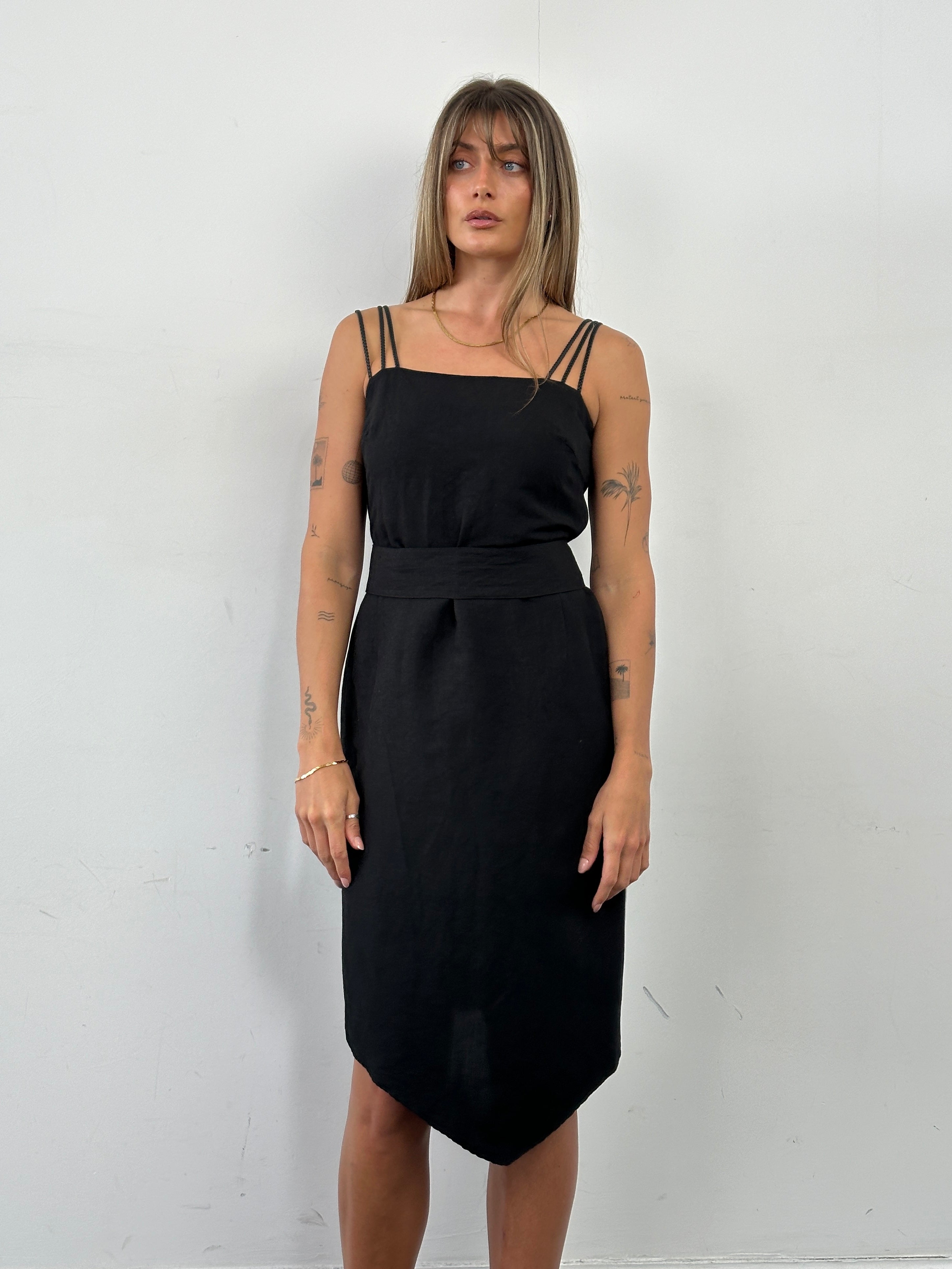 Marella asymmetric linen belted dress in M/L size, featuring a stylish design with a waist belt and lightweight fabric.