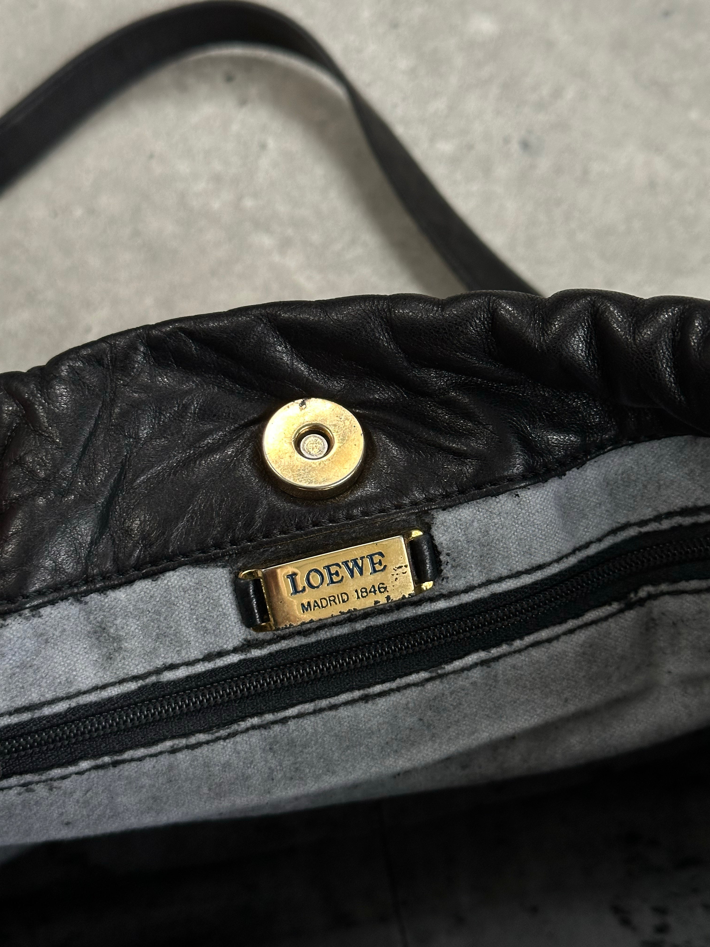 Loewe 1990s ruched leather Anagram crossbody bag with adjustable strap and signature logo detail.