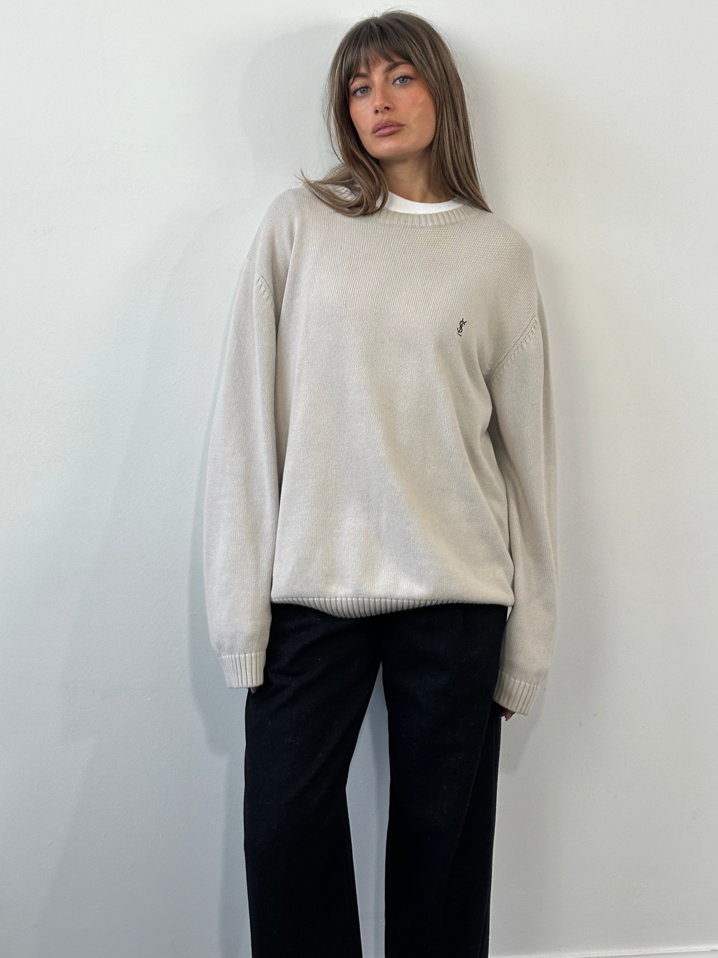 Yves Saint Laurent Pour Homme 1990s knitted cotton jumper in XL with logo detail, displayed on a neutral background.