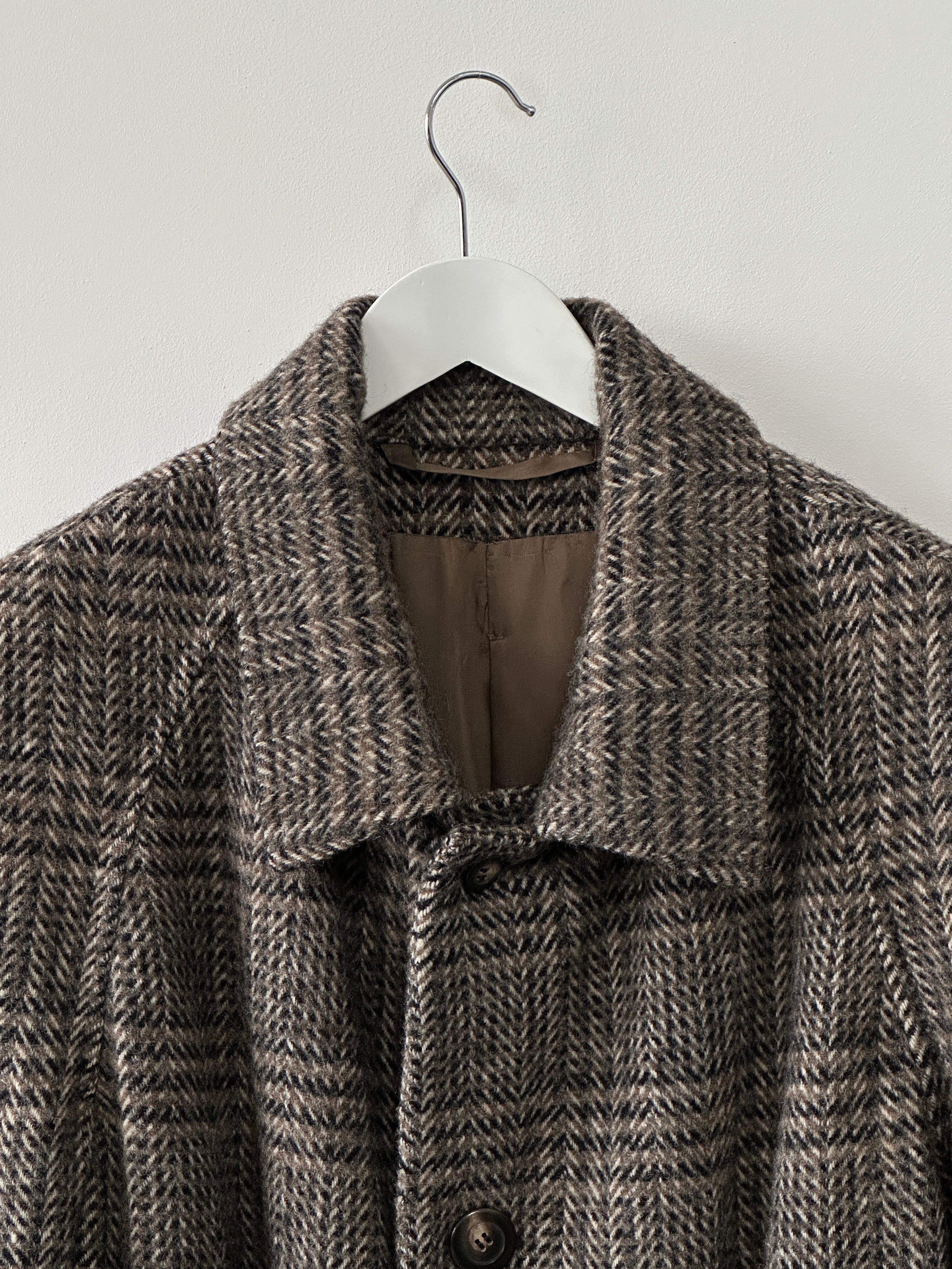 Vintage wool check belted coat in XL/XXL, featuring classic plaid pattern and tailored design for a timeless look.