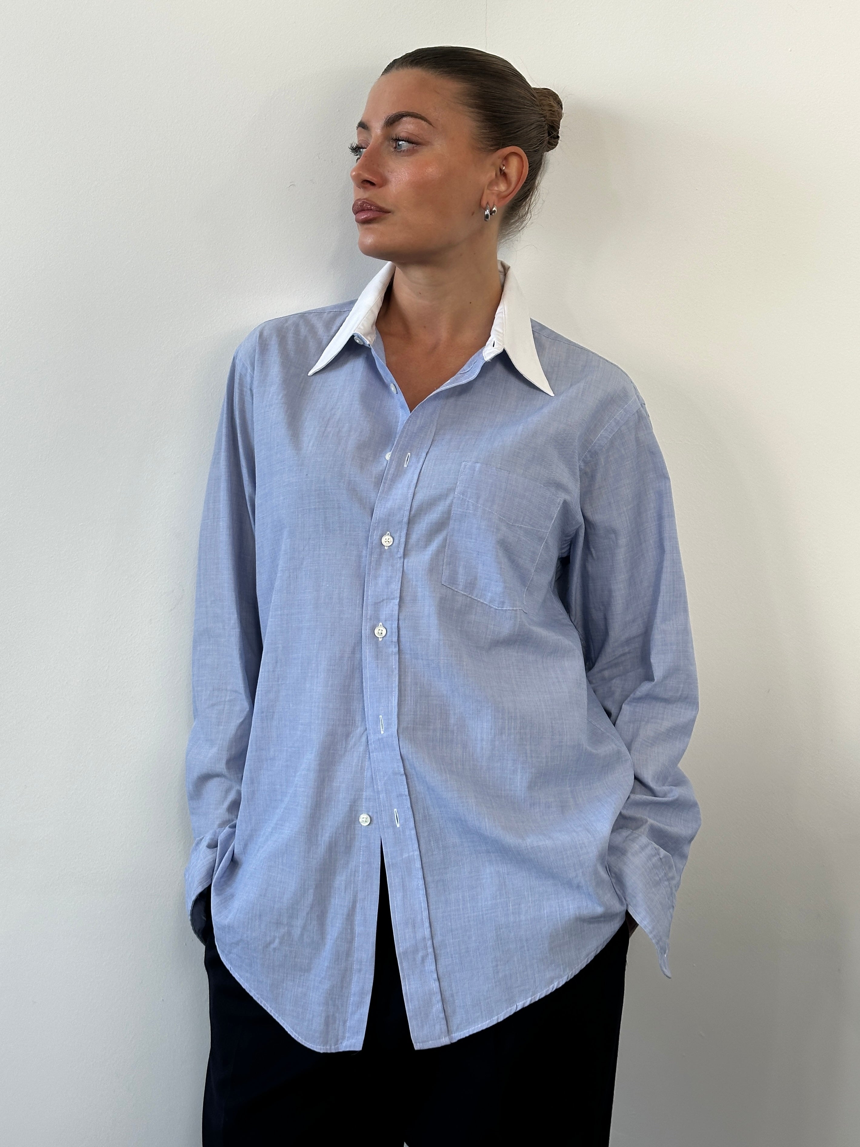 Christian Dior 1980s cotton shirt with contrasting collar, long sleeves, and classic design in size L.