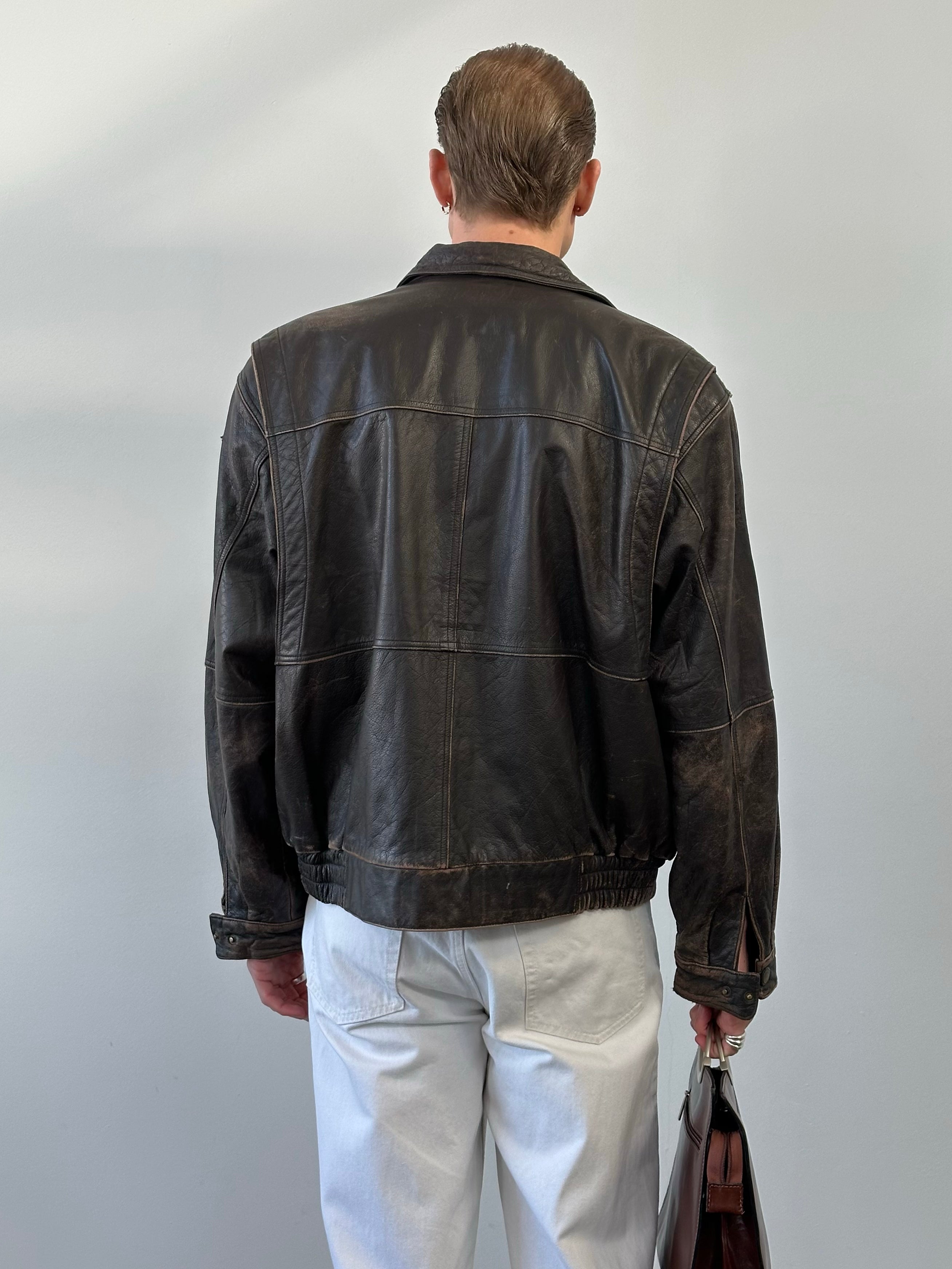 Vintage 1990s Distressed Leather Bomber Jacket - XL