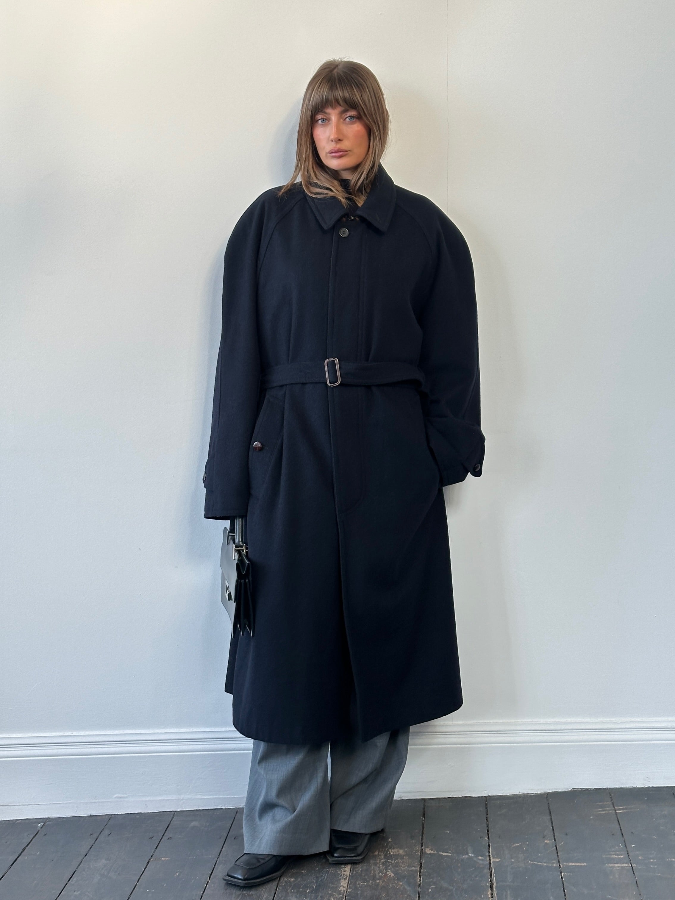Vintage 1980s wool belted coat with concealed placket in XXL size, showcasing classic vintage style and textured fabric.