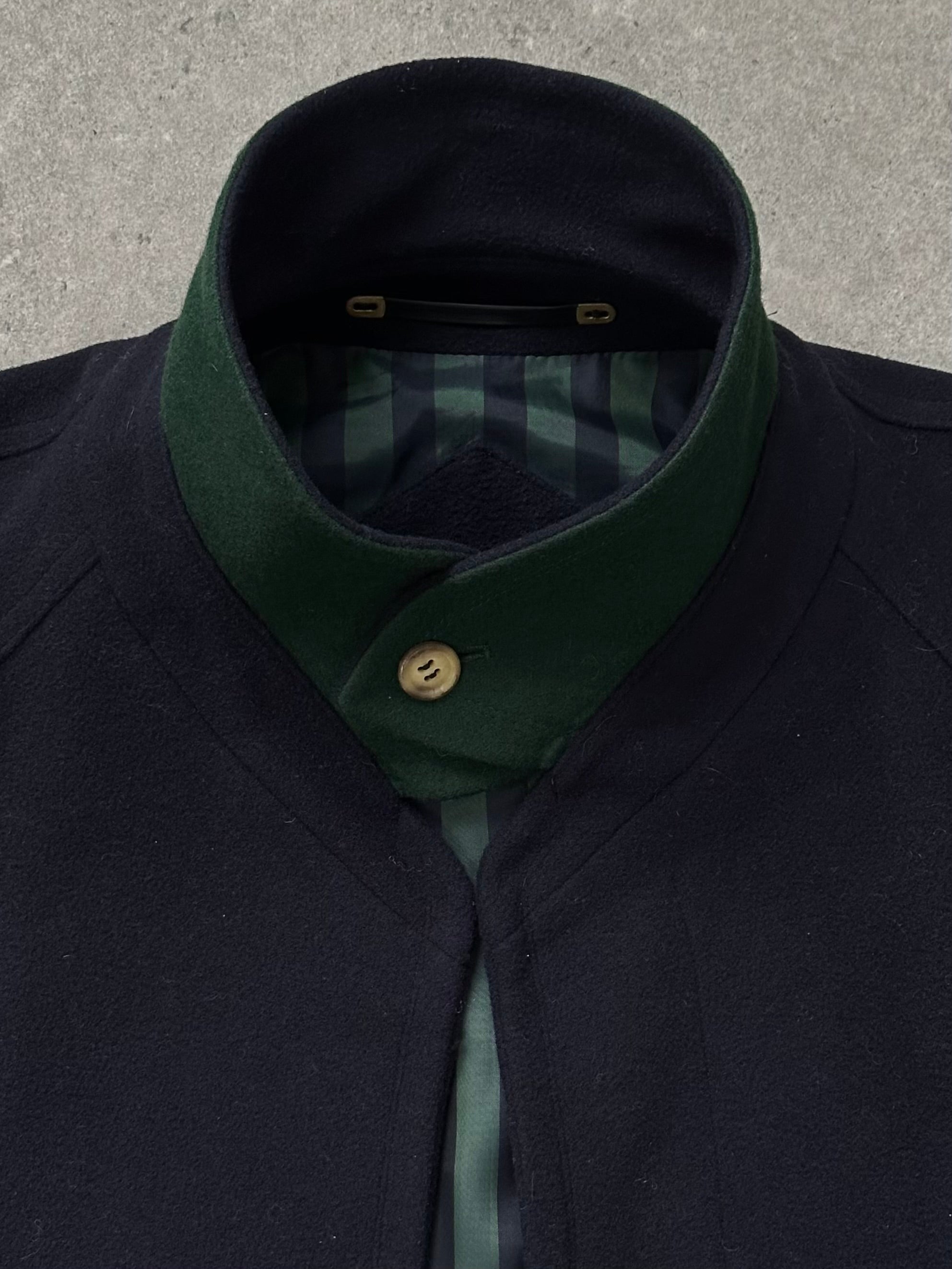 Vintage 1990s pure wool high neck belted coat in XXL, showcasing classic design and warm, textured fabric.