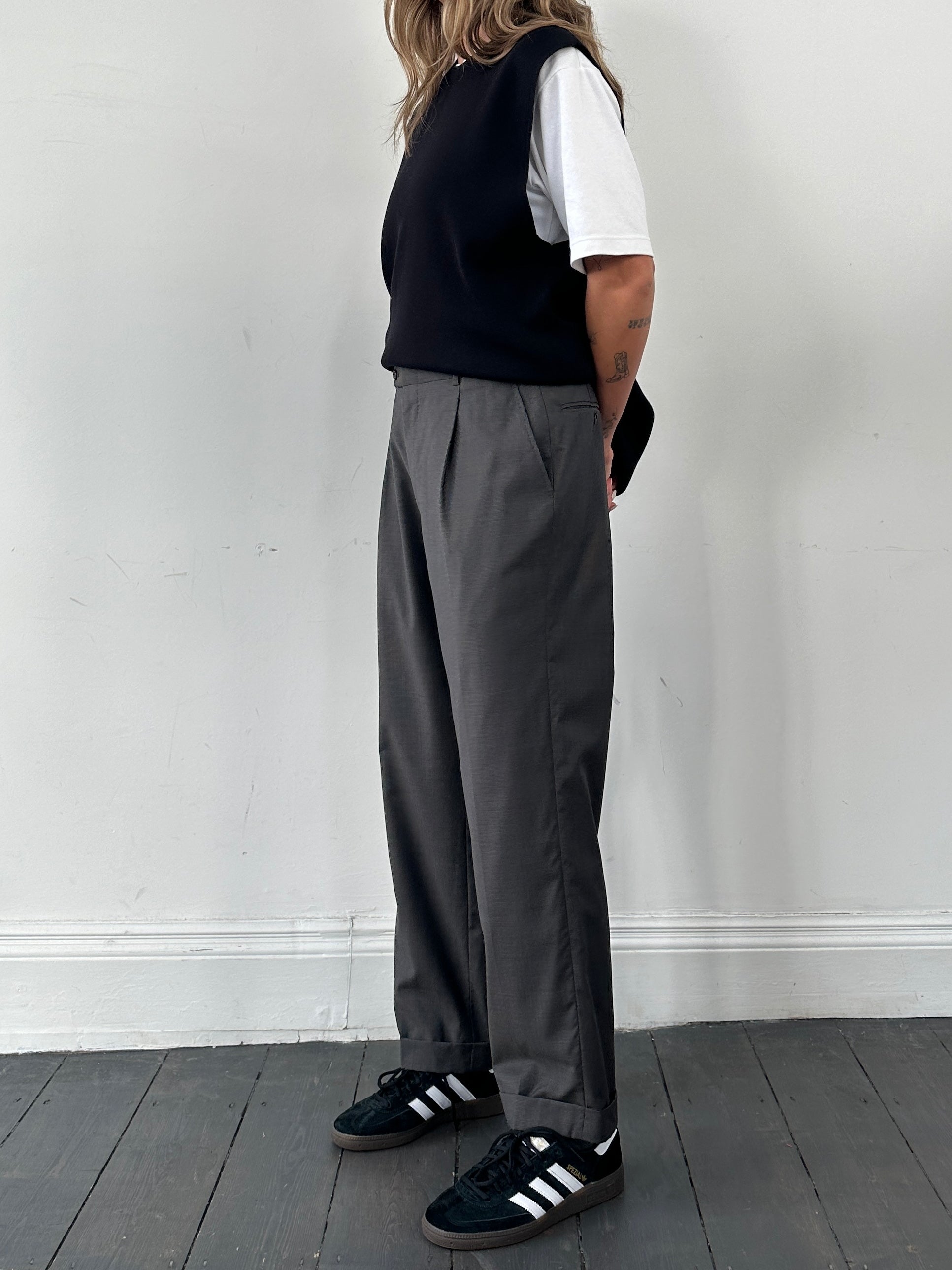 Burberry London pure wool tailored trousers with straight leg fit and mini check pattern, shown in size W32.