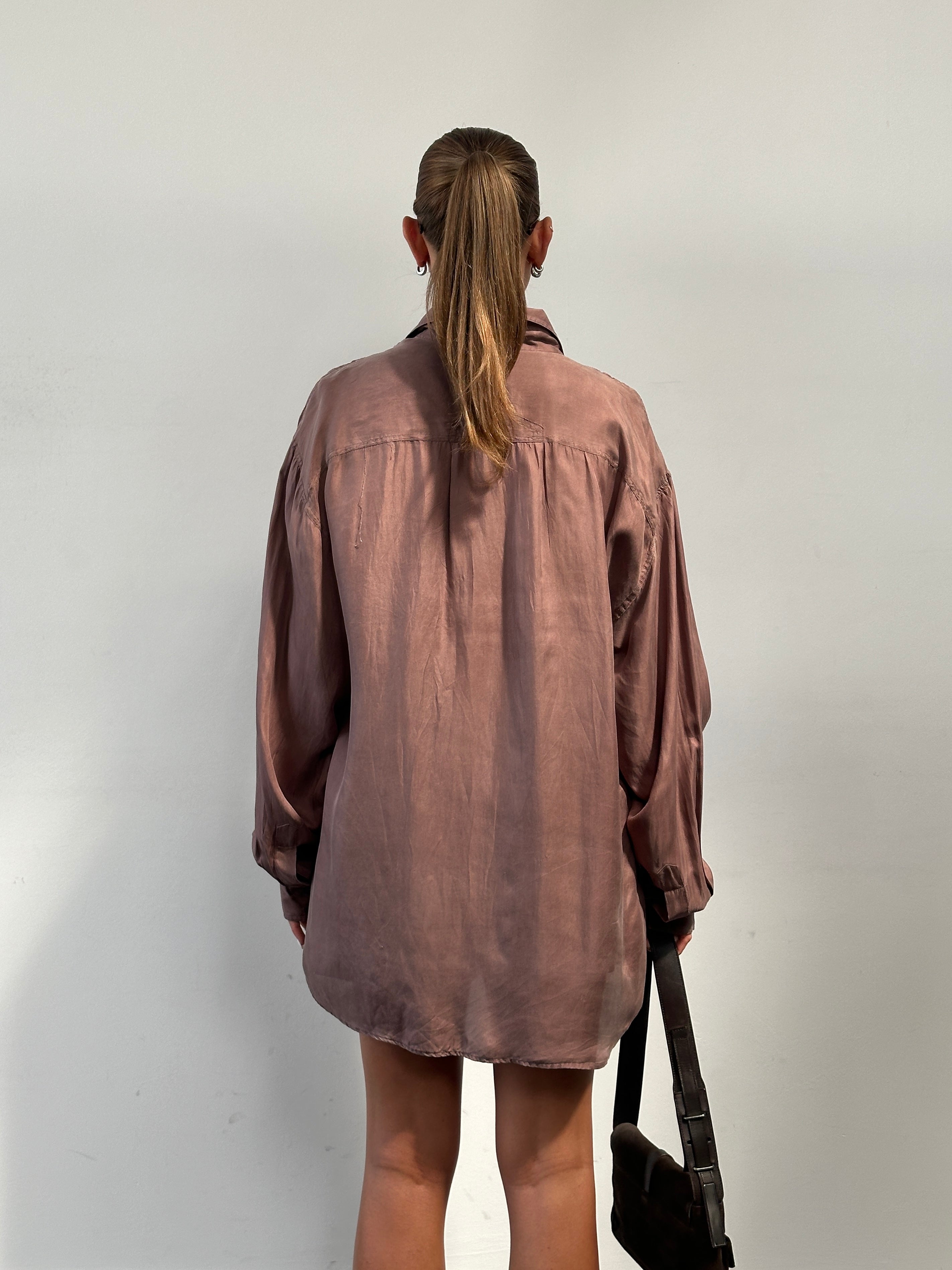 Vintage 90s pure silk shirt in XL size, featuring a classic design and smooth fabric, displayed flat on a neutral background.