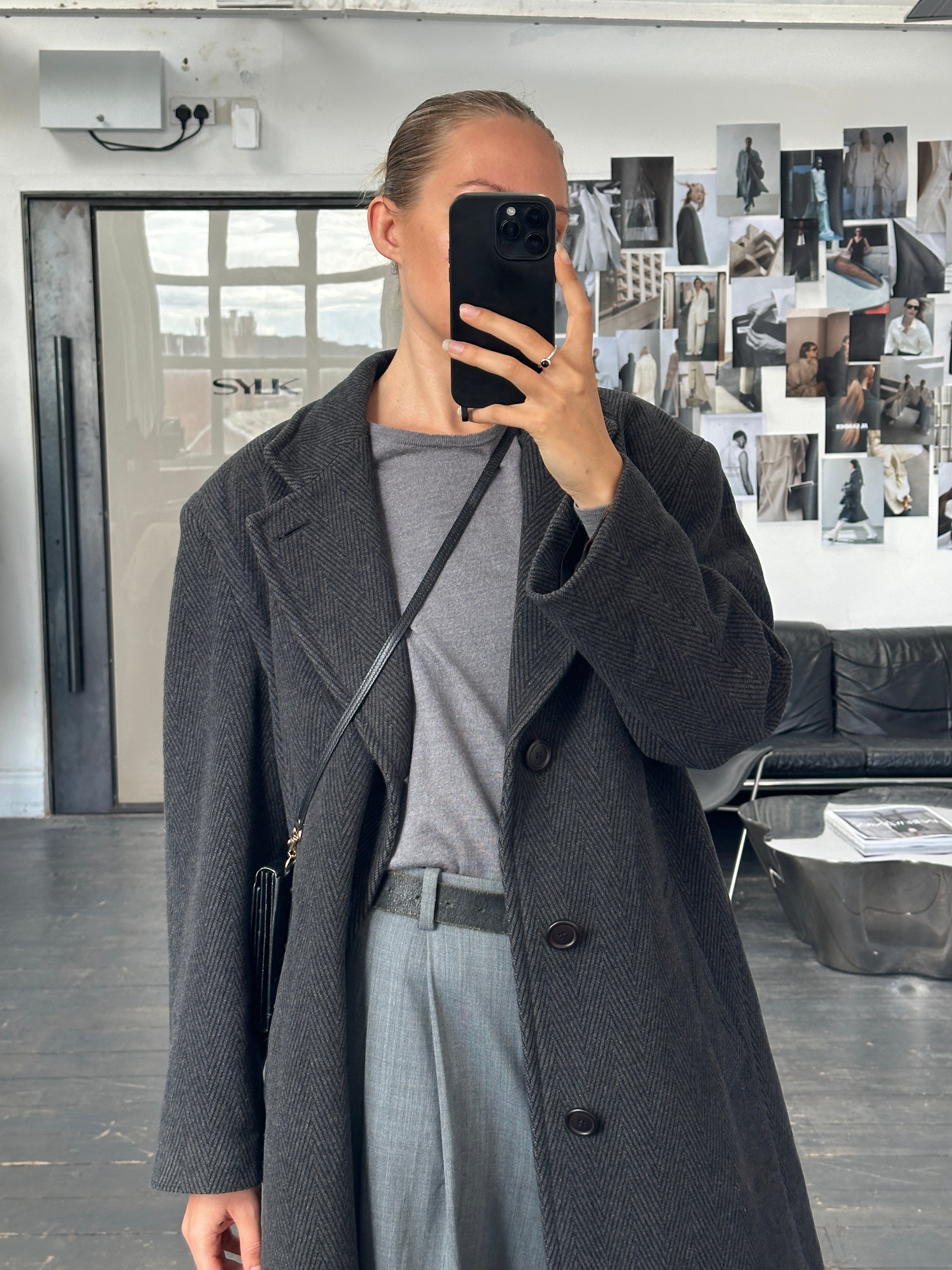 Vintage Italian 1980s wool cashmere herringbone coat in XL, featuring classic herringbone pattern and vintage coat design.