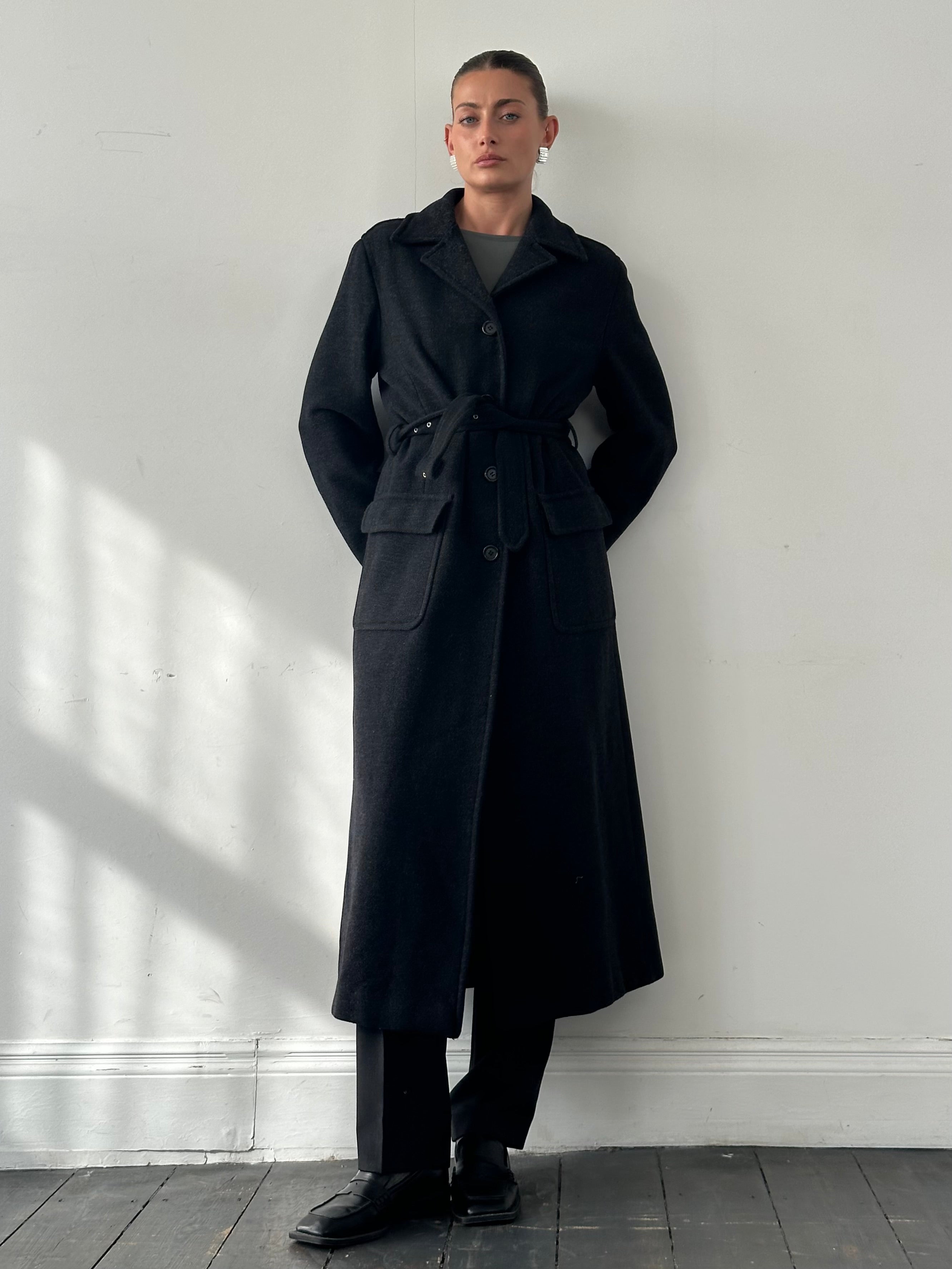 Max & Co virgin wool floor-length belted coat displayed on a hanger, showcasing its elegant design and classic silhouette.
