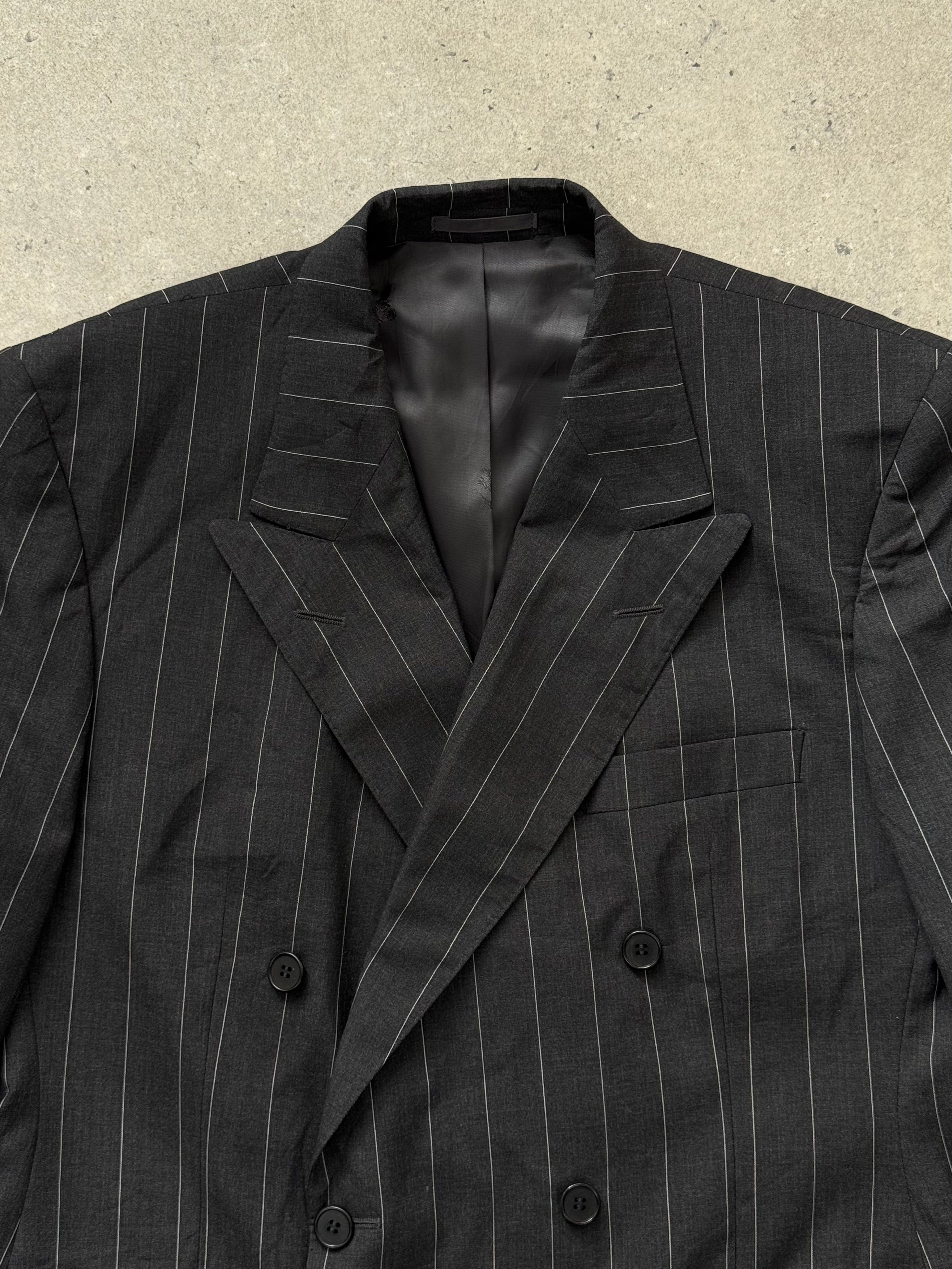Burberry 1990s pure wool double-breasted stripe blazer in XL, featuring classic design and tailored fit, displayed on a mannequin.