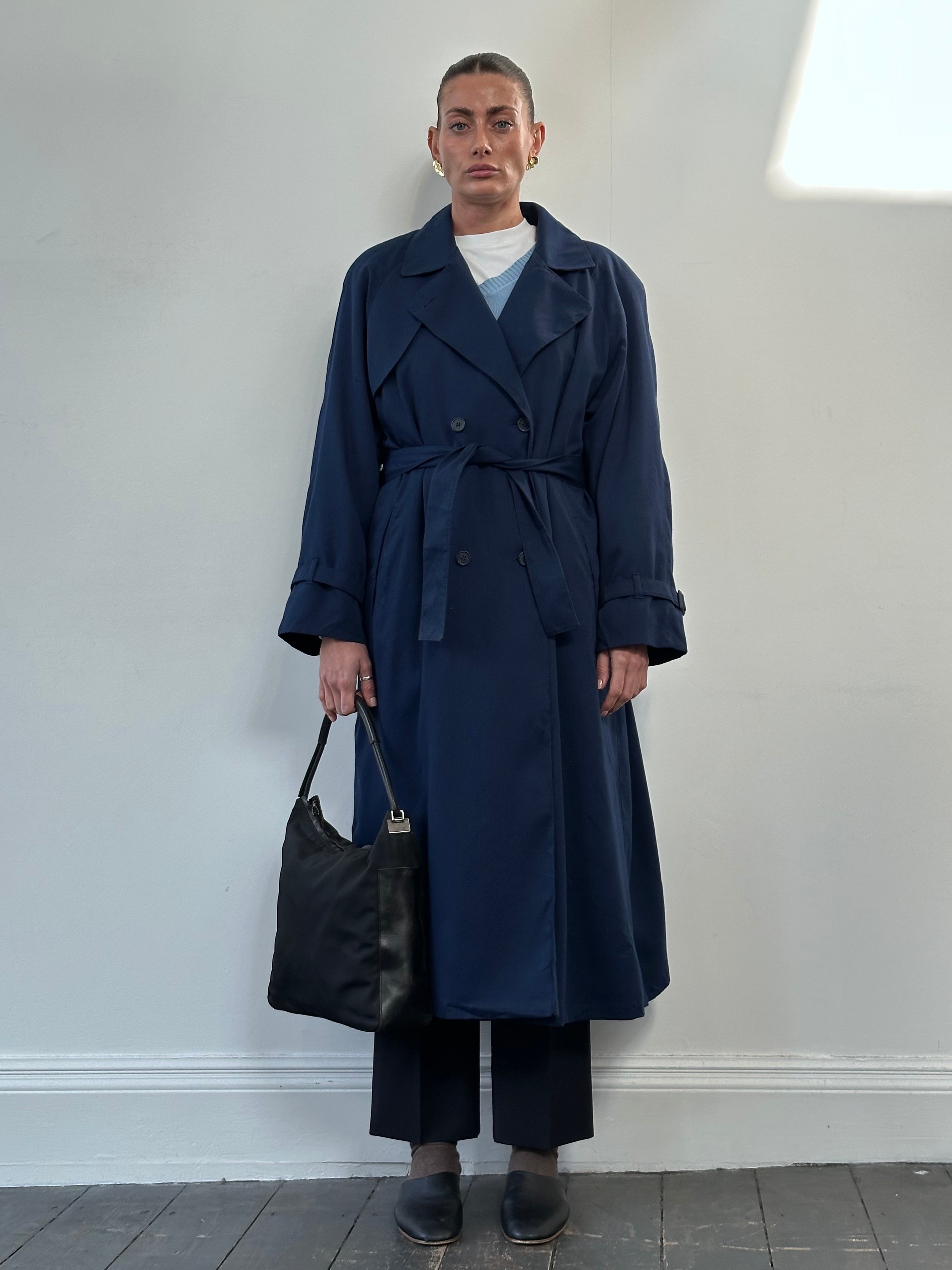 London Fog wool belted trench coat in XL, showing classic design and belted waist in a full-length view.