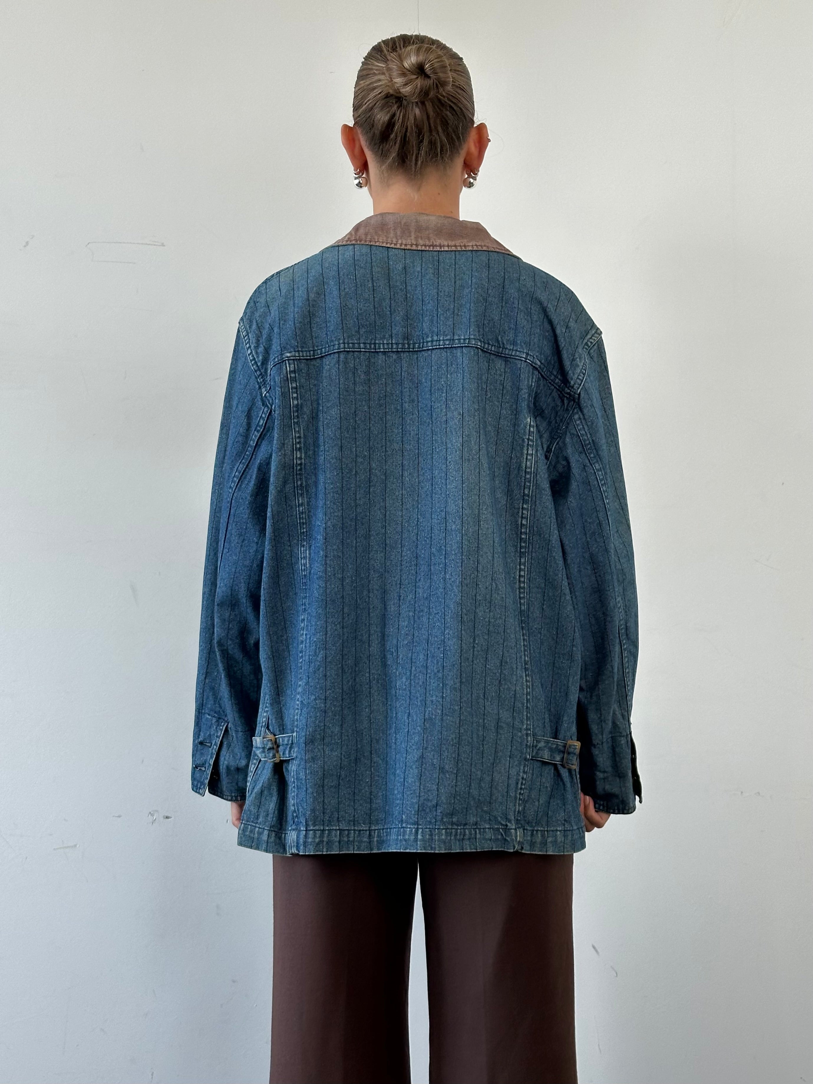 Valentino XL denim workwear jacket with pinstripe design, featuring classic collar and button front, styled for casual wear.