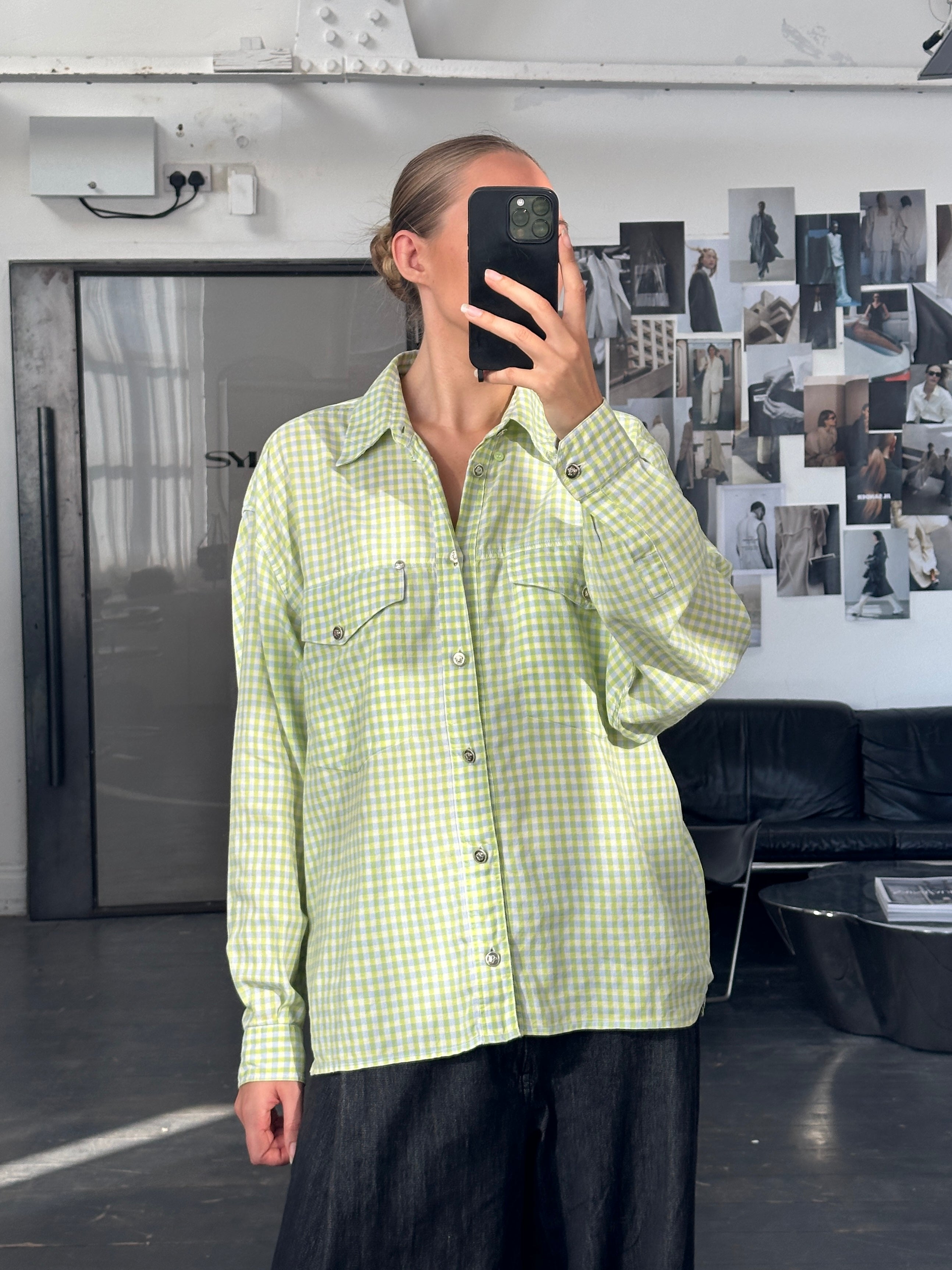 Versace Jeans Couture 1990s check cotton shirt in size L/XL, featuring a classic plaid pattern and button-up front.
