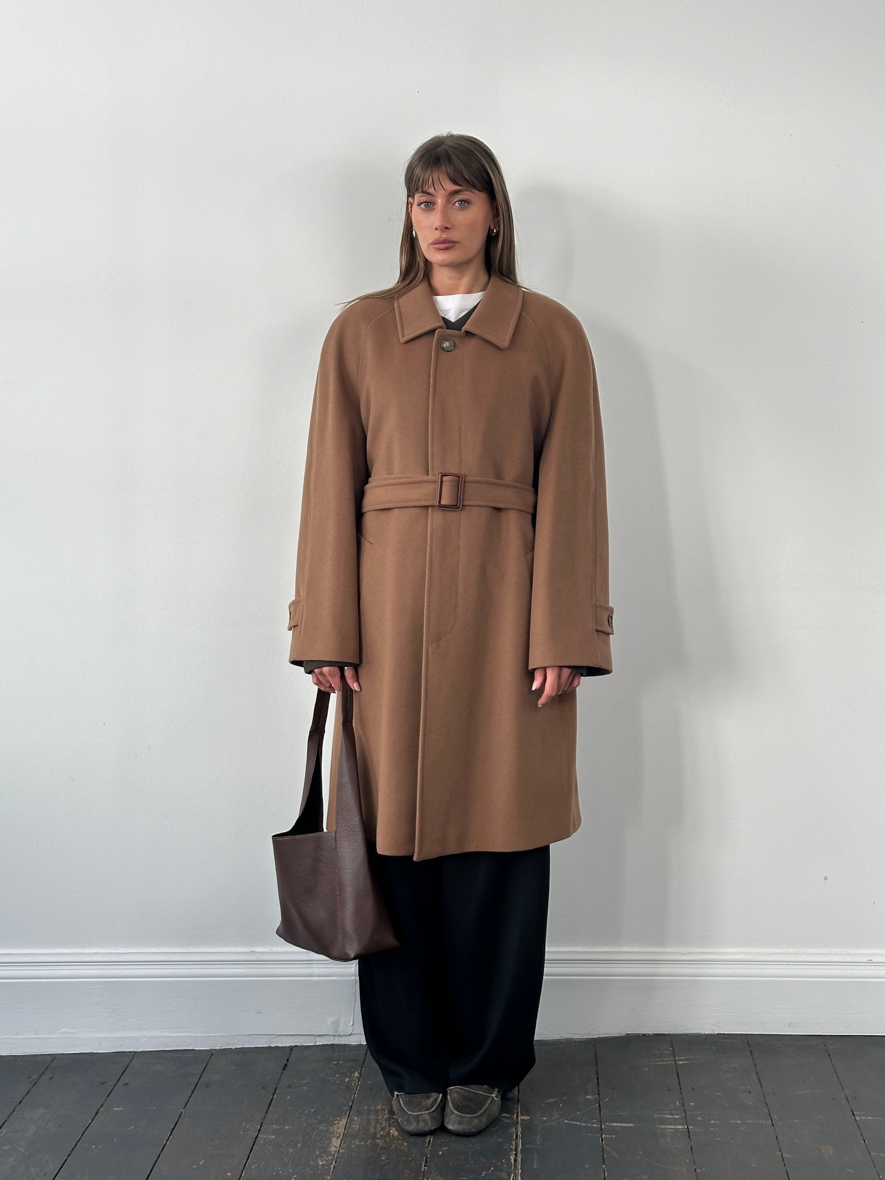 Italian vintage 1990s wool cashmere belted coat in XL, showing classic design, tailored fit, and textured fabric details.