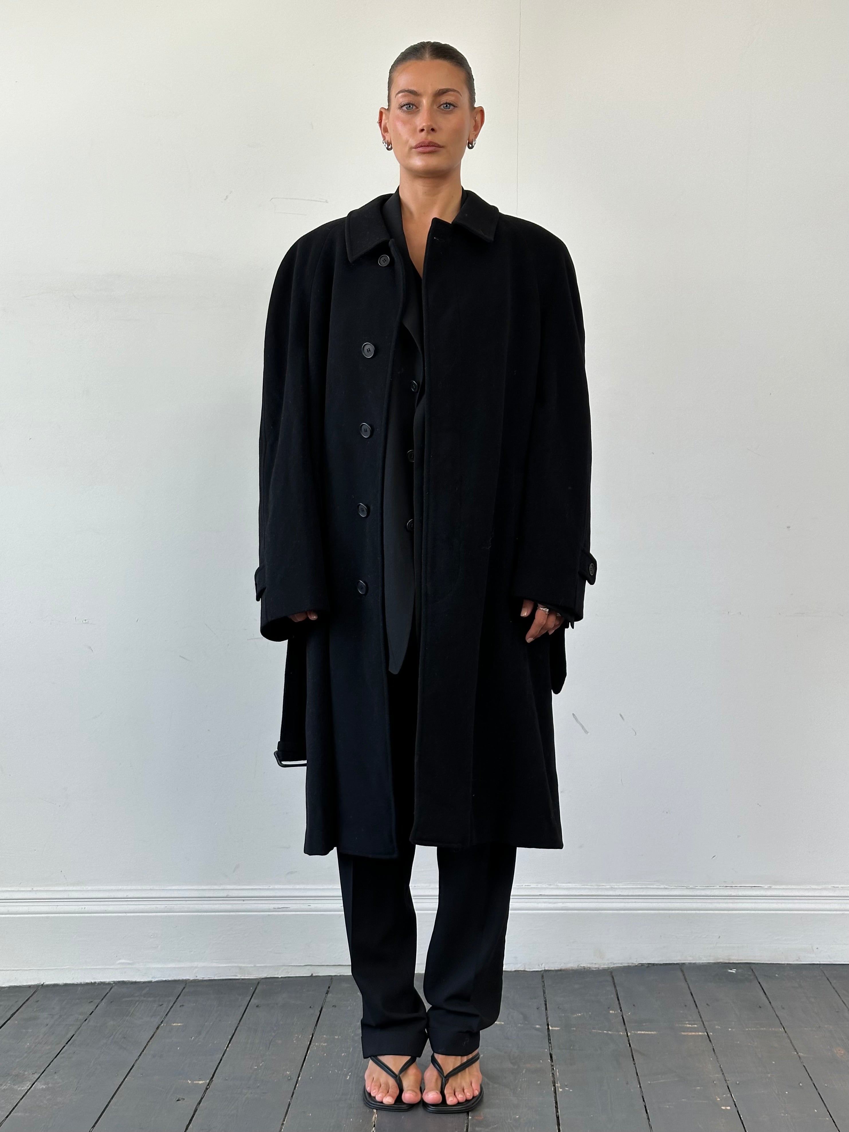 Giorgio Armani Le Collezioni XXL belted wool coat in beige with classic design, displayed on a hanger.