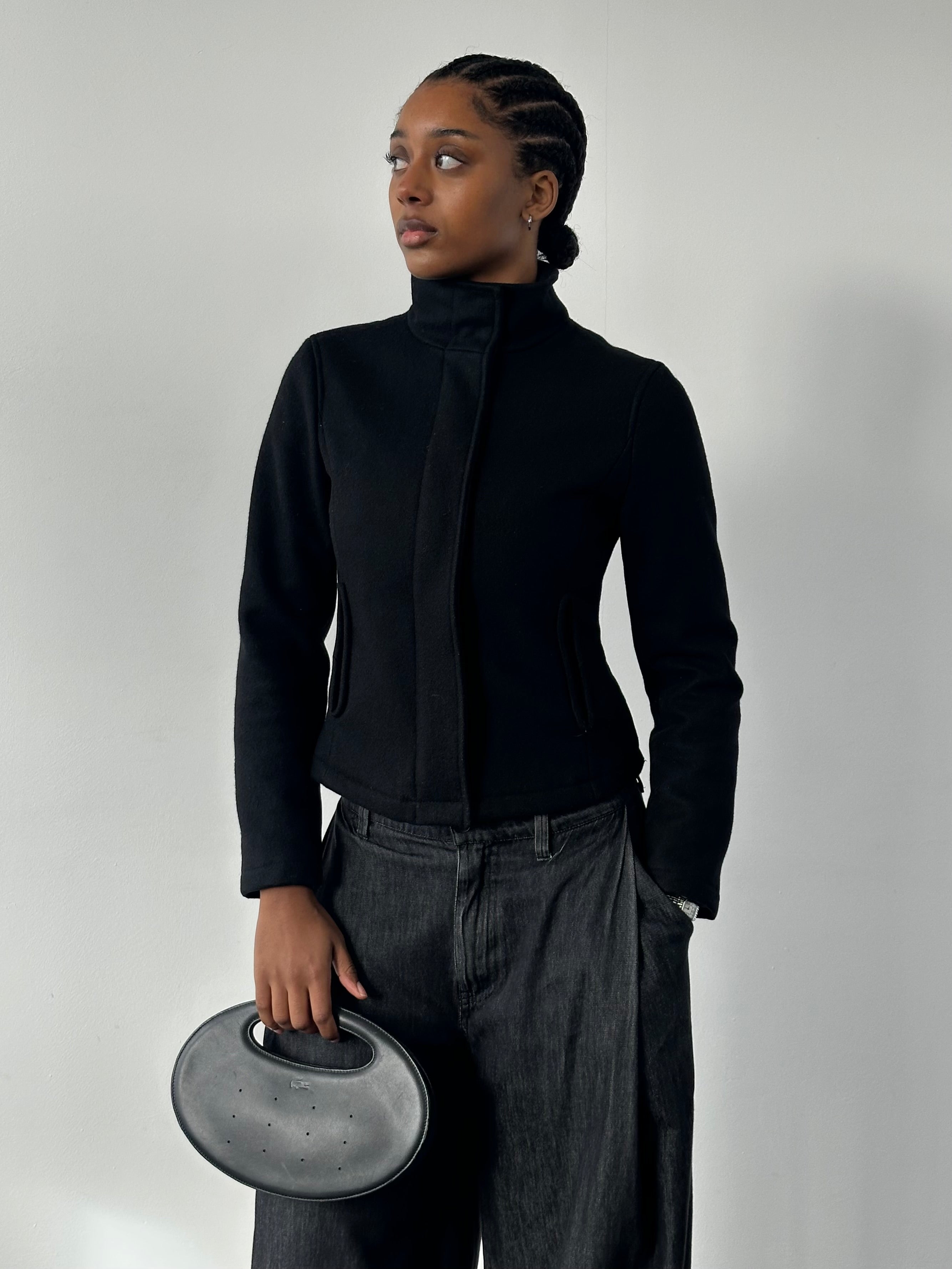Armani Jeans wool high-neck minimal jacket in size S, stylish 2000s design with a sleek, tailored fit.
