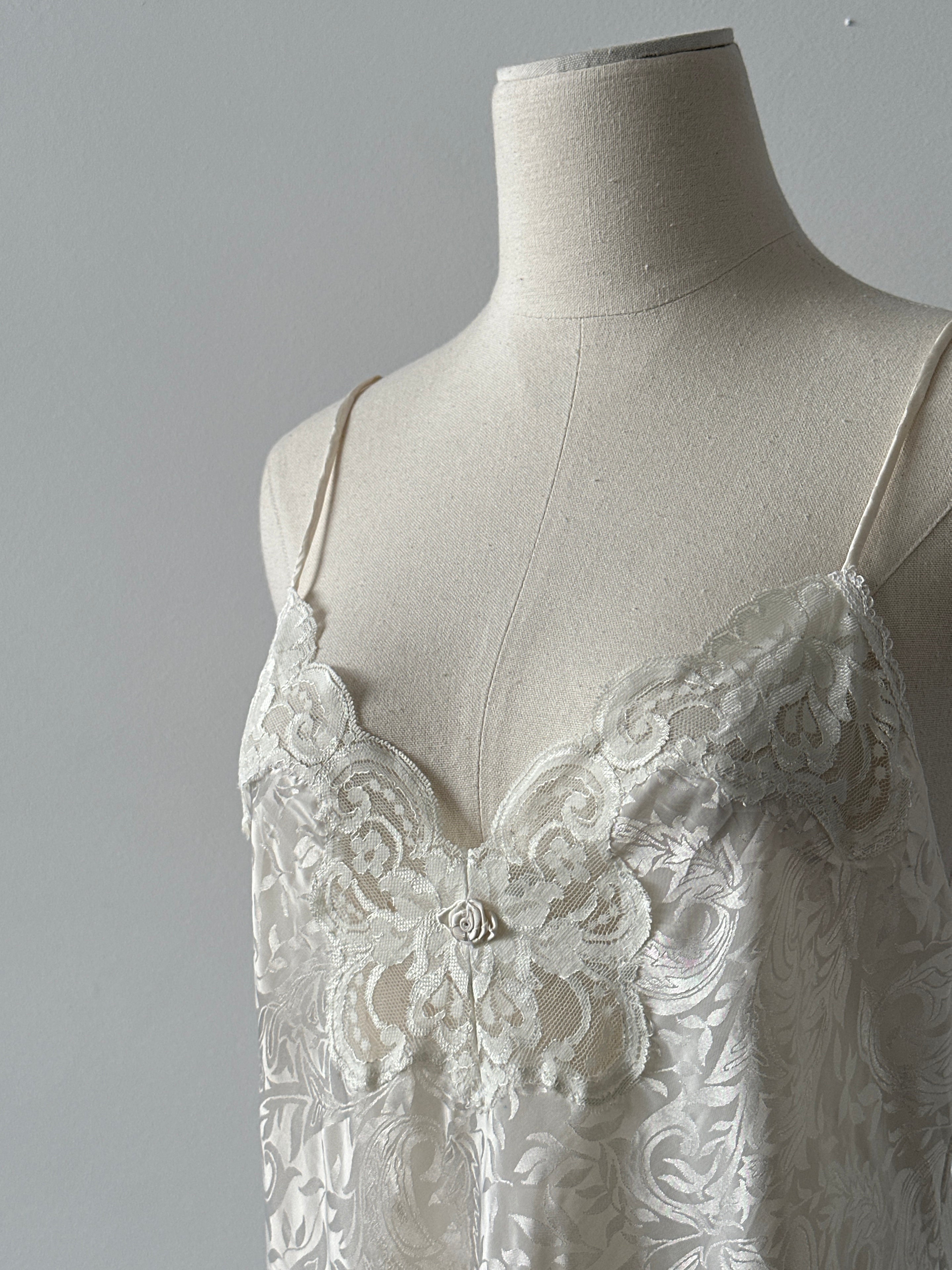 USA Vintage 1990s Satin Print Lace Midi Slip Dress - S-M