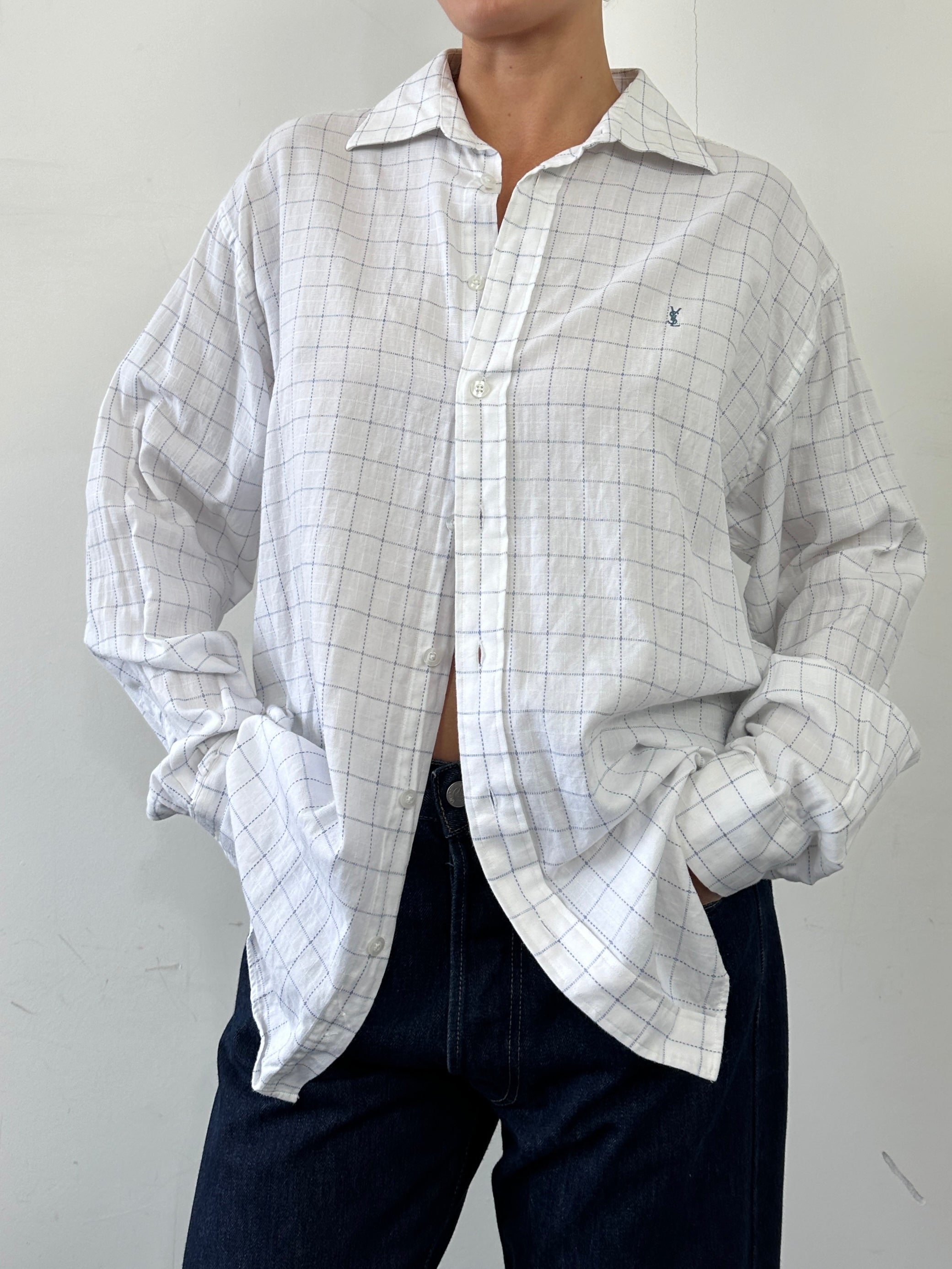 Yves Saint Laurent Pour Homme check pure cotton logo shirt in size L, featuring a classic button-up design and Yves Saint Laurent branding.