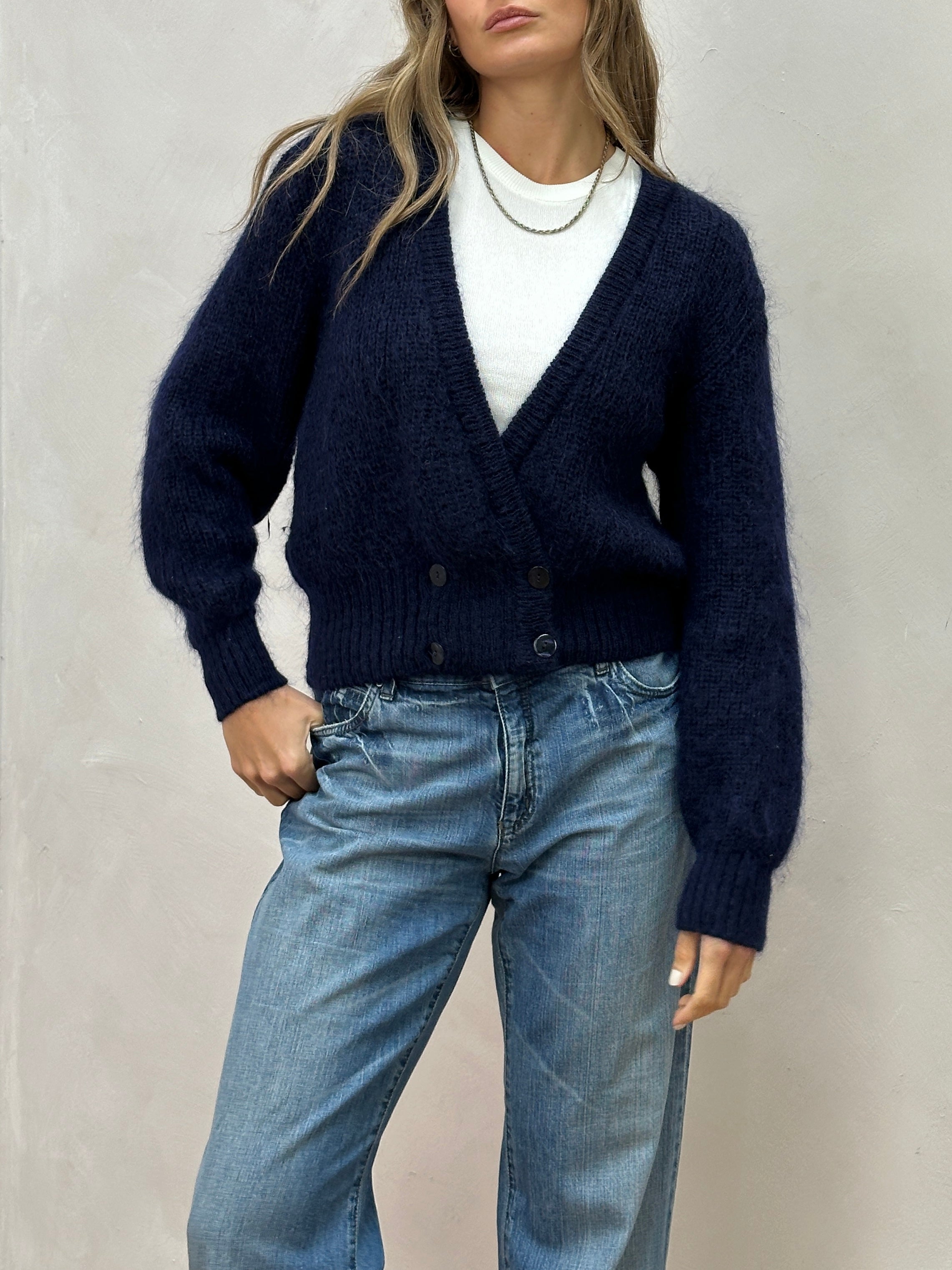 St Michael British Mohair Double Breasted Cardigan in size M, featuring a soft, textured knit with button closure and classic design.