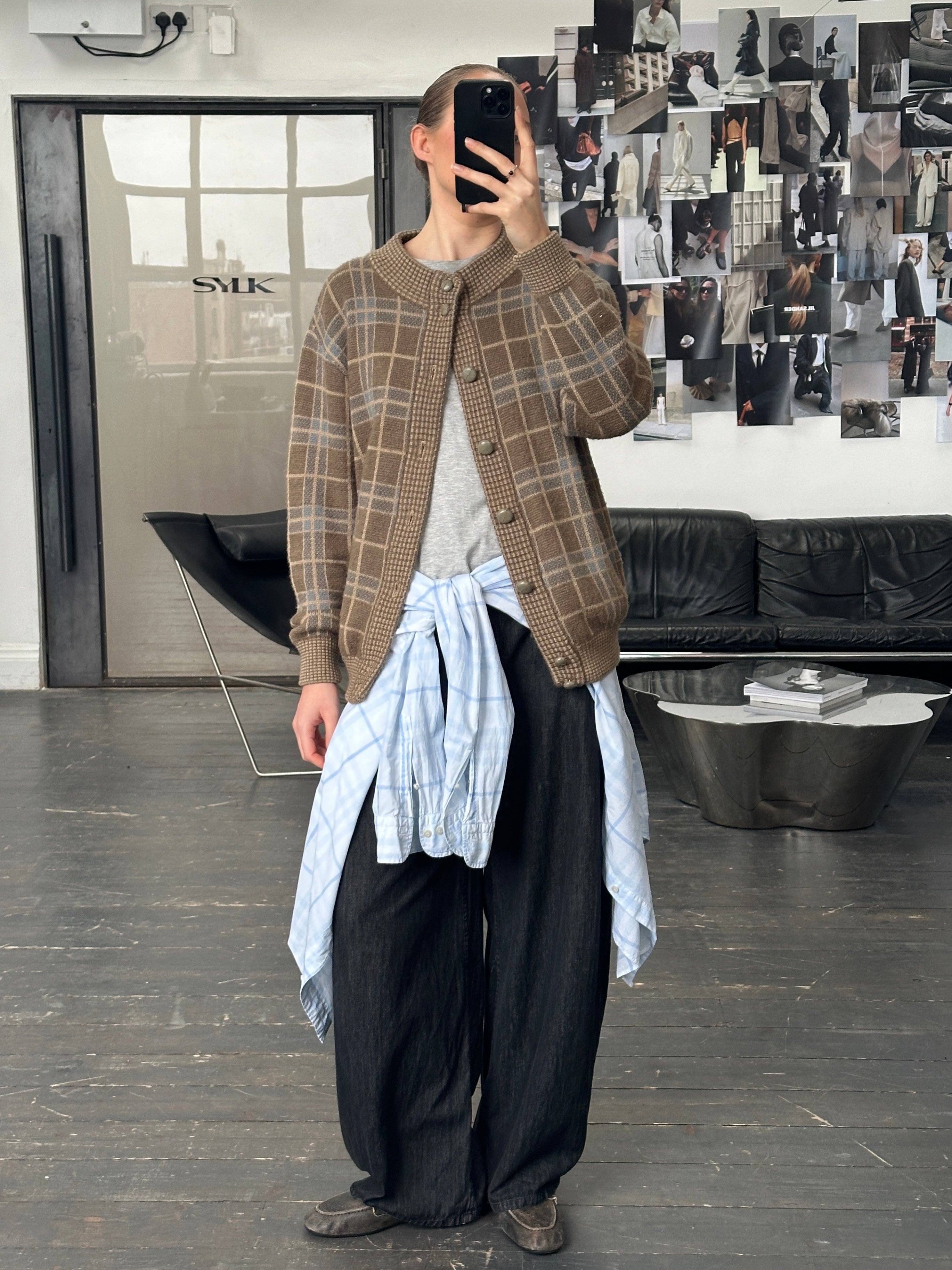 Italian vintage 1990s wool check cardigan in XL, featuring classic plaid pattern and cozy knit fabric.