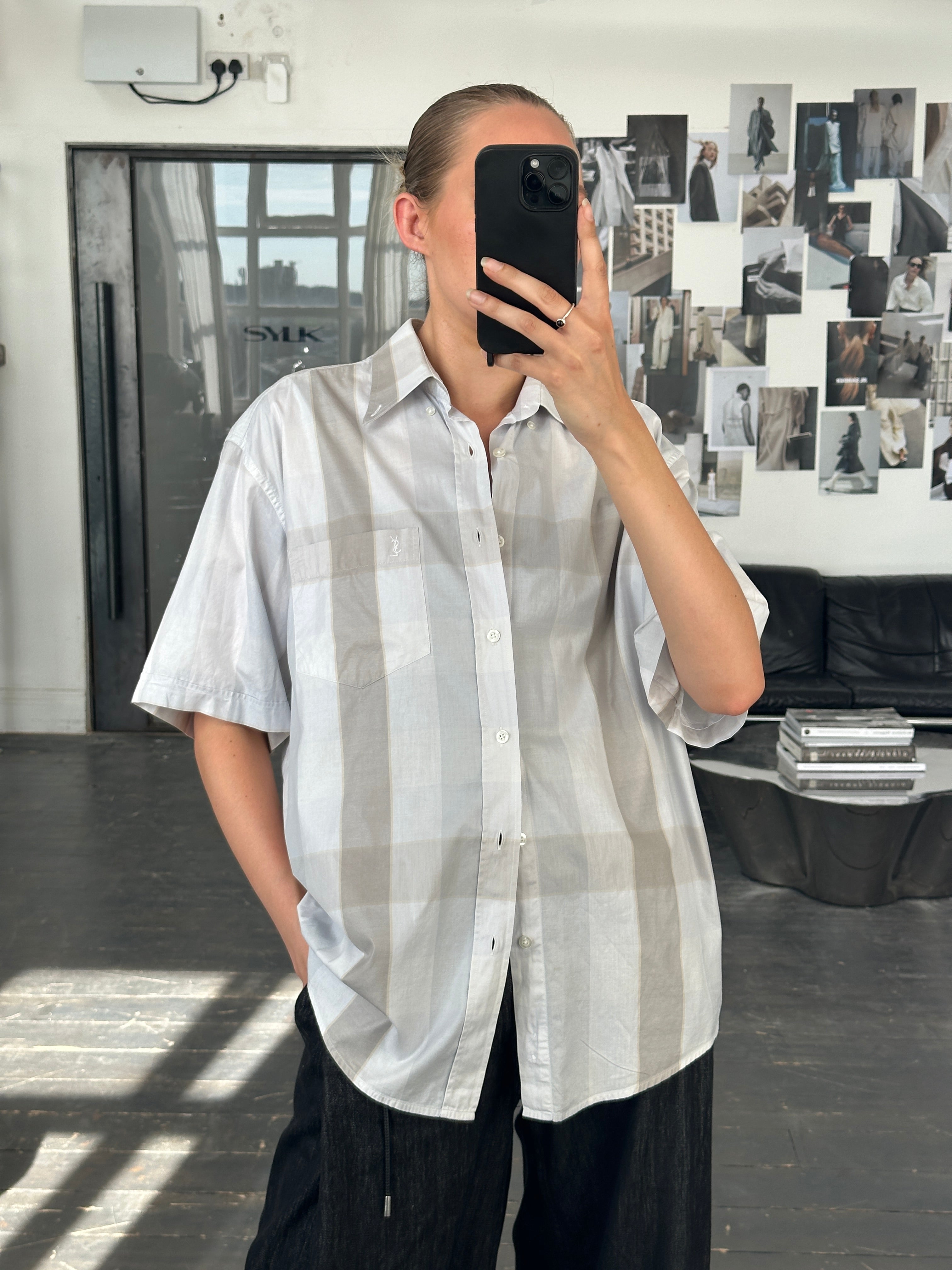 Yves Saint Laurent Pour Homme 1990s cotton check short sleeve logo shirt in XL, featuring classic check pattern and YSL branding.