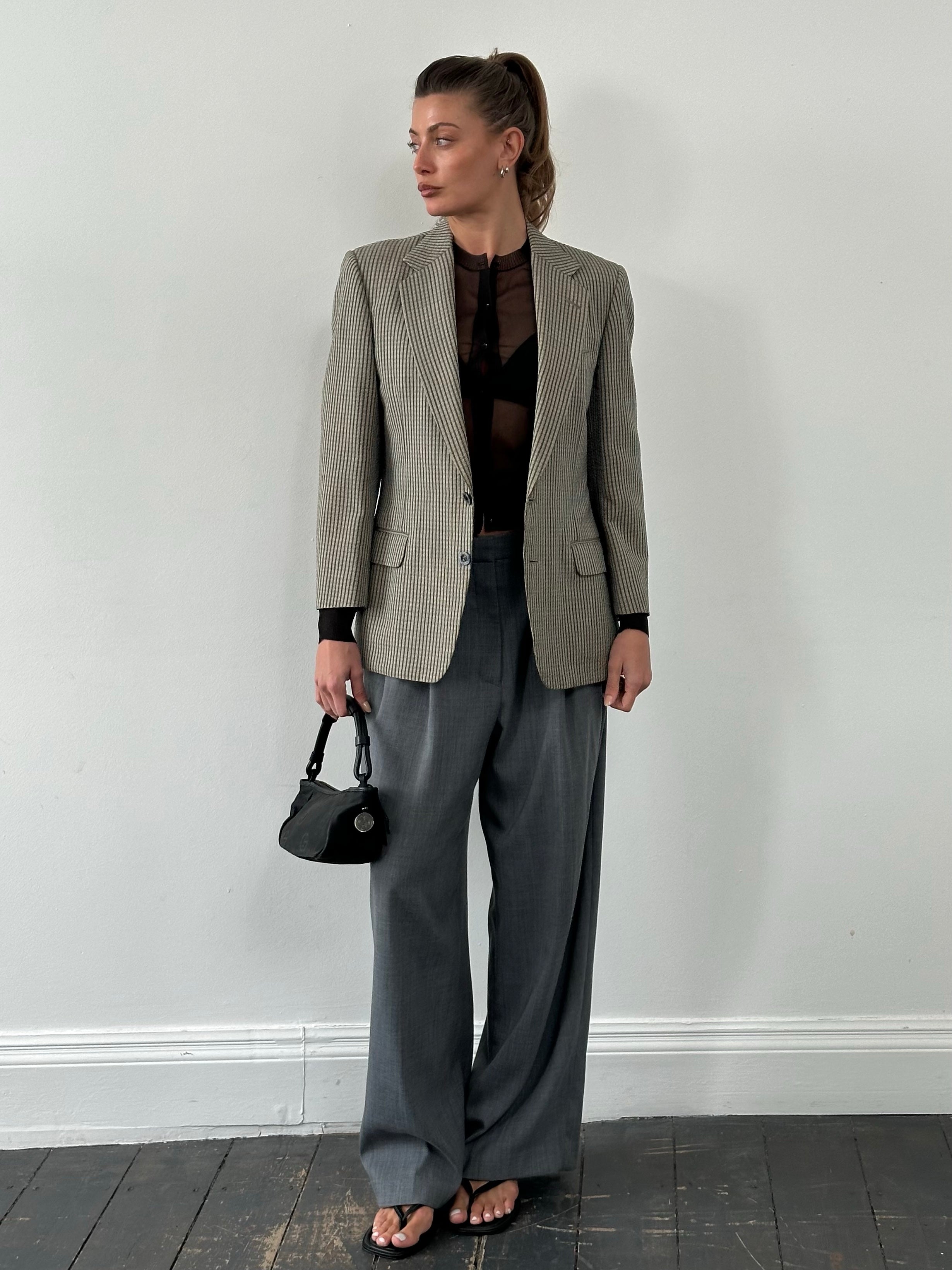 Burberry 1990s wool silk check blazer in unlined style, size small, featuring classic plaid pattern and tailored fit.