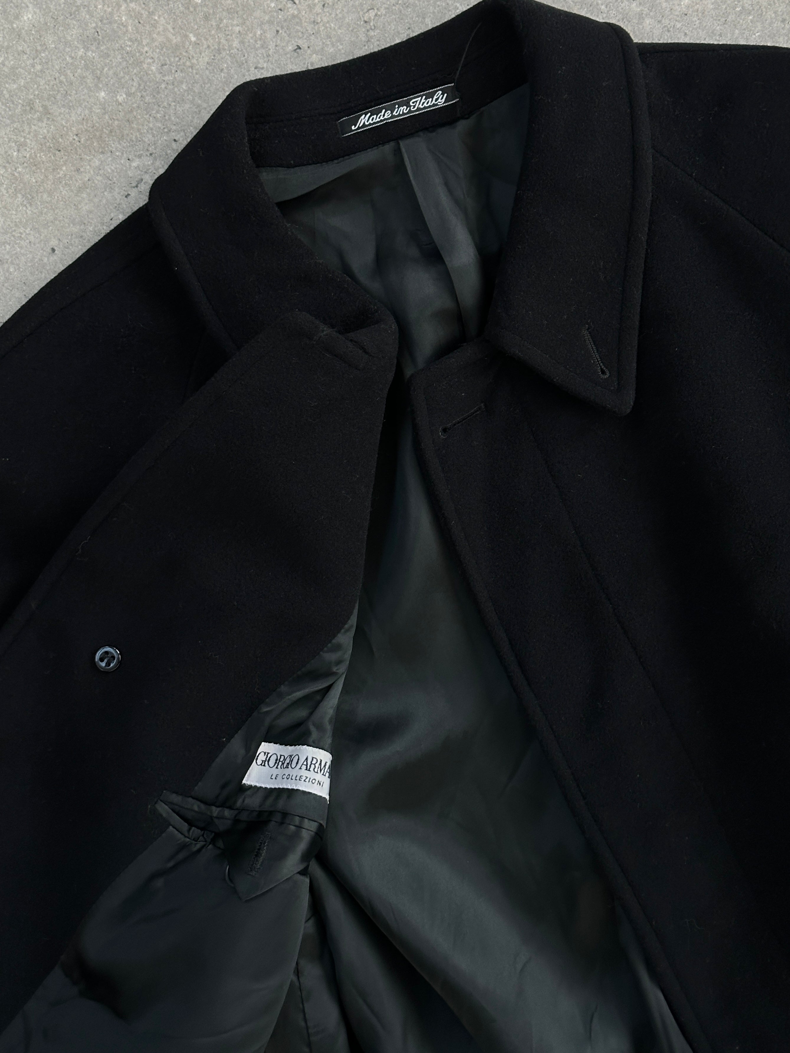 Giorgio Armani Le Collezioni belted wool coat in XXL, front view showing classic tailored design and cream color.