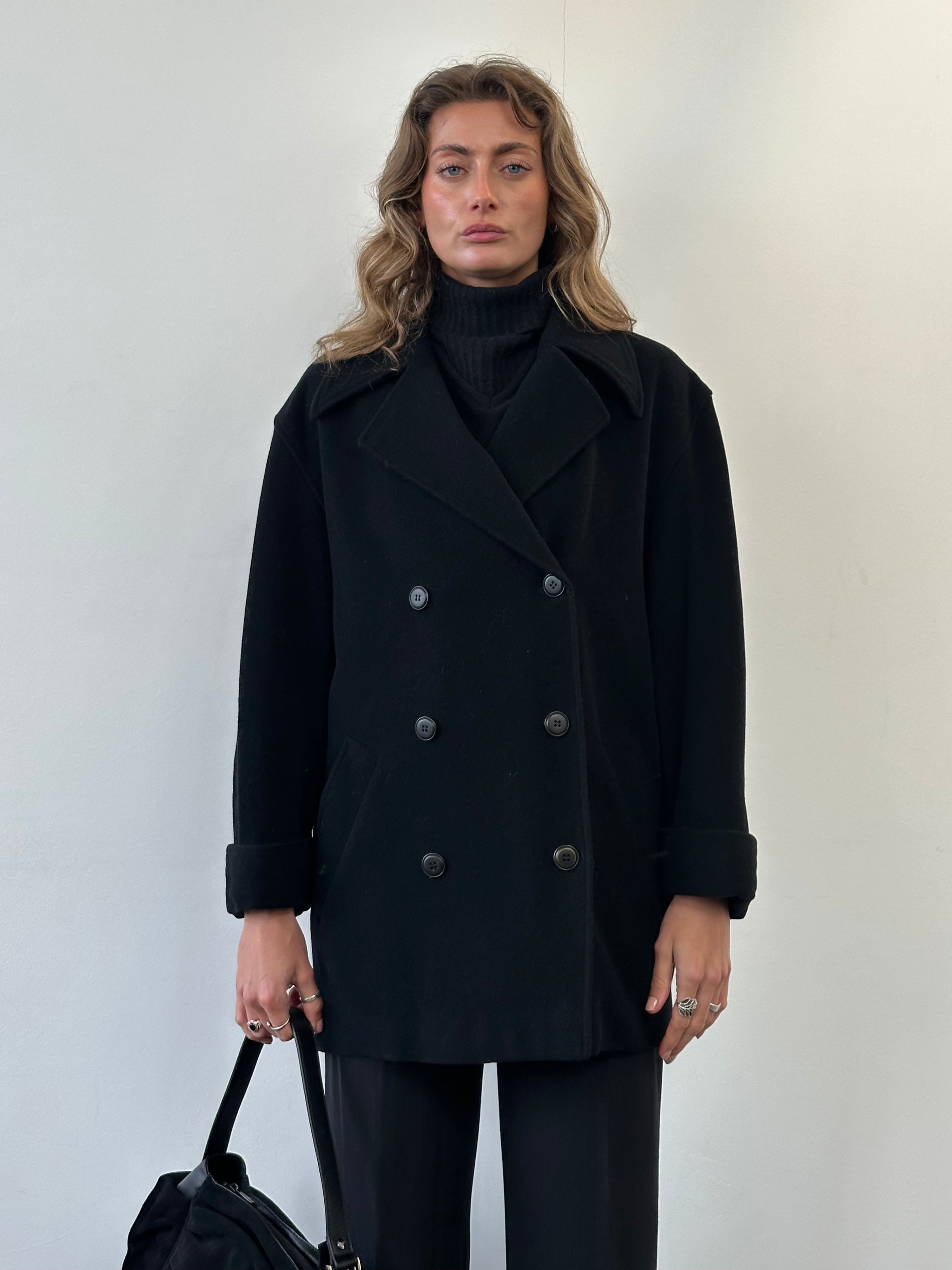 Christian Dior Dior2 1990s pure wool double-breasted coat, size M, featuring classic tailored design in neutral color.